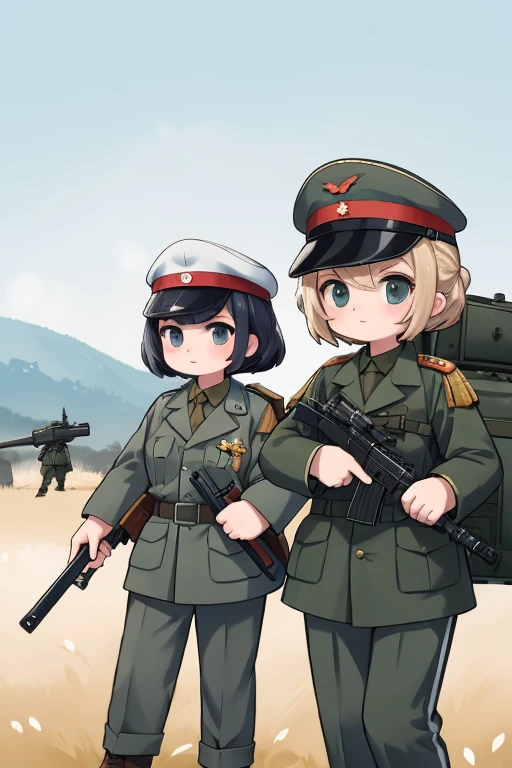girls in second world war military uniform, holding weapons, on the battlefield