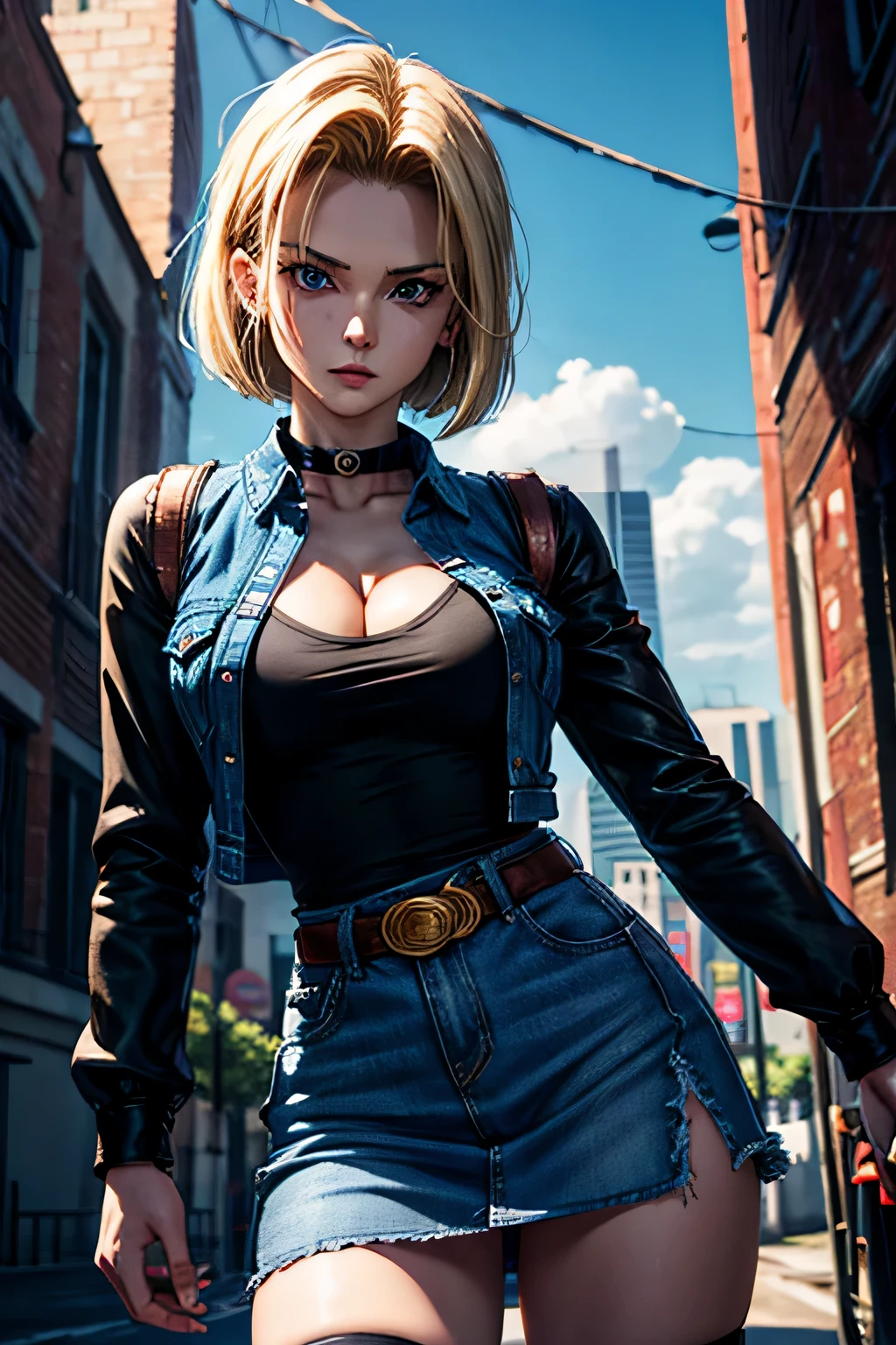 android 18, android 18, blonde hair, blue eyes, eyelash, hoop earrings, short hair, earrings, break belt, black legwear, black shirt, breast pocket, cleavage, clavicle, denim, denim skirt, high-waist skirt, jewelry, long sleeve, pocket, shirt, shirt tucked in, skirt, striped, striped sleeves, waistcoat,, break outdoors, city, null, cloud, sun, break looking at viewer, (cowboy shot:1.5), break (masterpiece:1.2), highest quality, High resolution, unity 8k wallpaper, (shape:0.8), (beautiful and detailed eyes:1.6), highly detailed face, perfect lighting, Very detailed CG, (perfect hands, perfect anatomy)