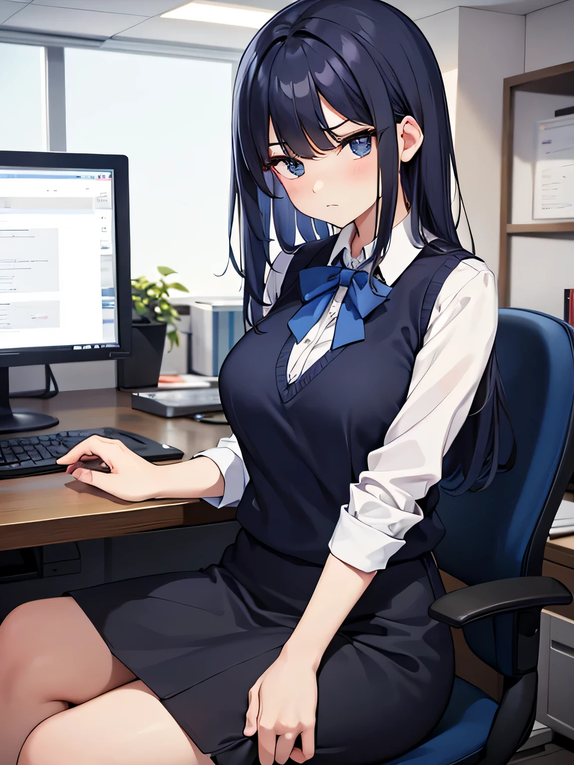 (1) a woman is working in an office.
(2) a man is talking to her、she is ignoring him.
(3) The woman is wearing a white blouse, a navy vest, and a navy blue tight skirt..
(4) The woman&#39;s expression is very cold, expressionless and unfriendly.
(5) Location、This is her office desk where she is working on her computer.。.