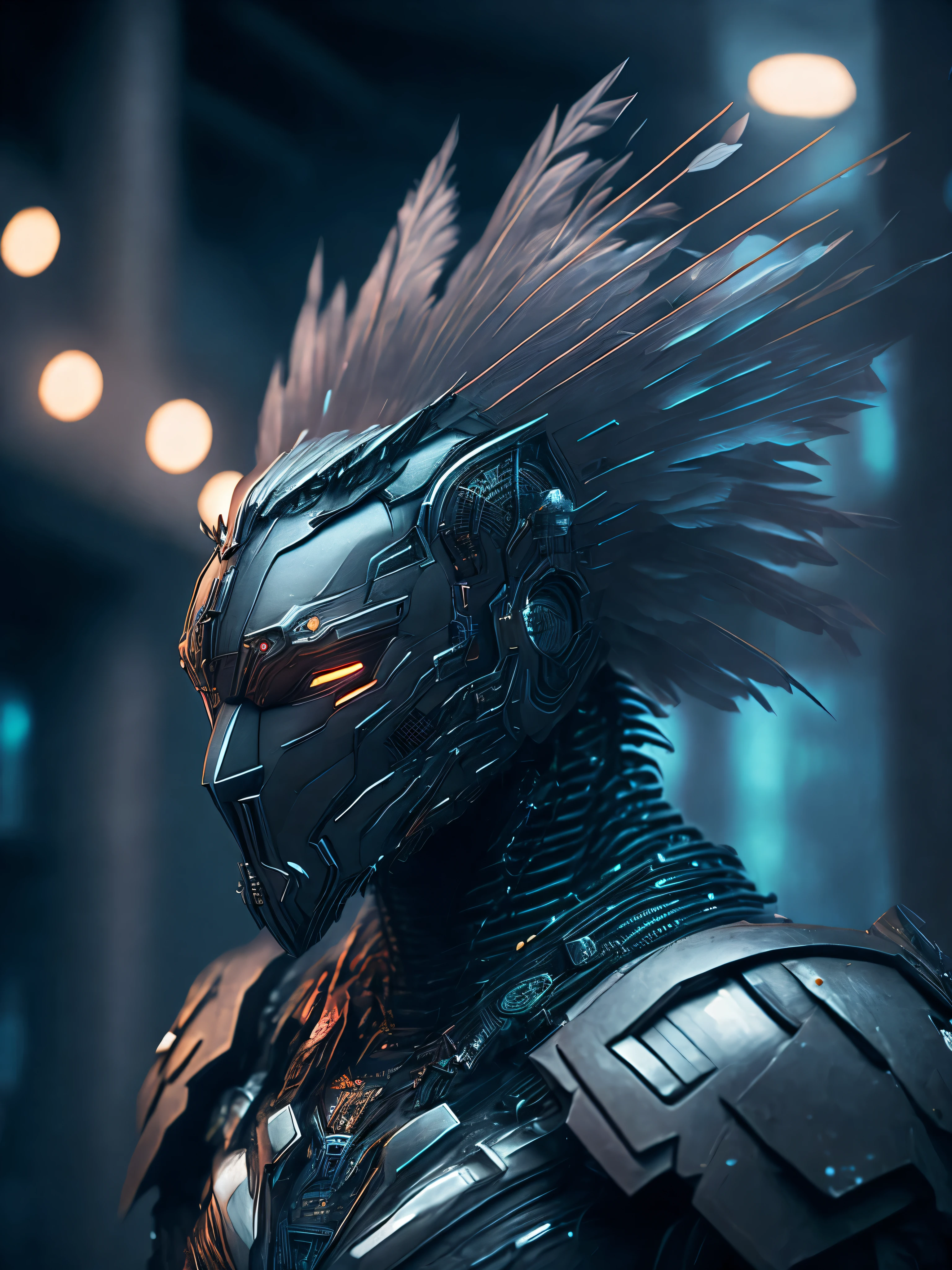 Gloomy portrait of cybernetic feathered head from Marvel with intricate angular cybernetic implants inside a brutalist building, gothic abounded hospital, cyberpunk, award-winning photo, bokeh, smokey bright lights, cybernetic limb