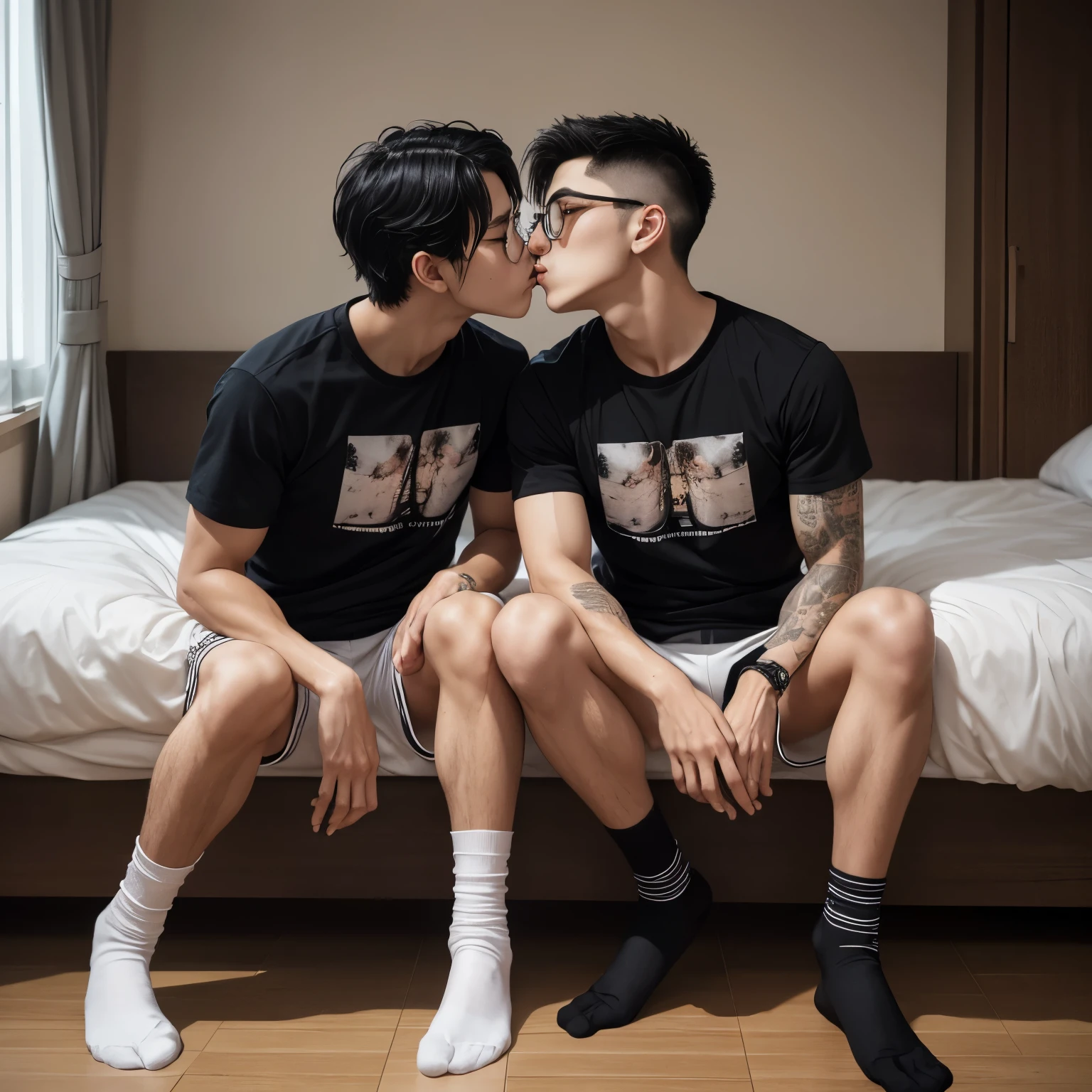 2 boys, Loving male couple，tone、、black messy hair、wide, vivid dark eyes、HD、​Masterpiece、with vitality、full body view、Stylish hair、kiss，white socks，Expose abs，black shorts，In the dormitory，wear glasses