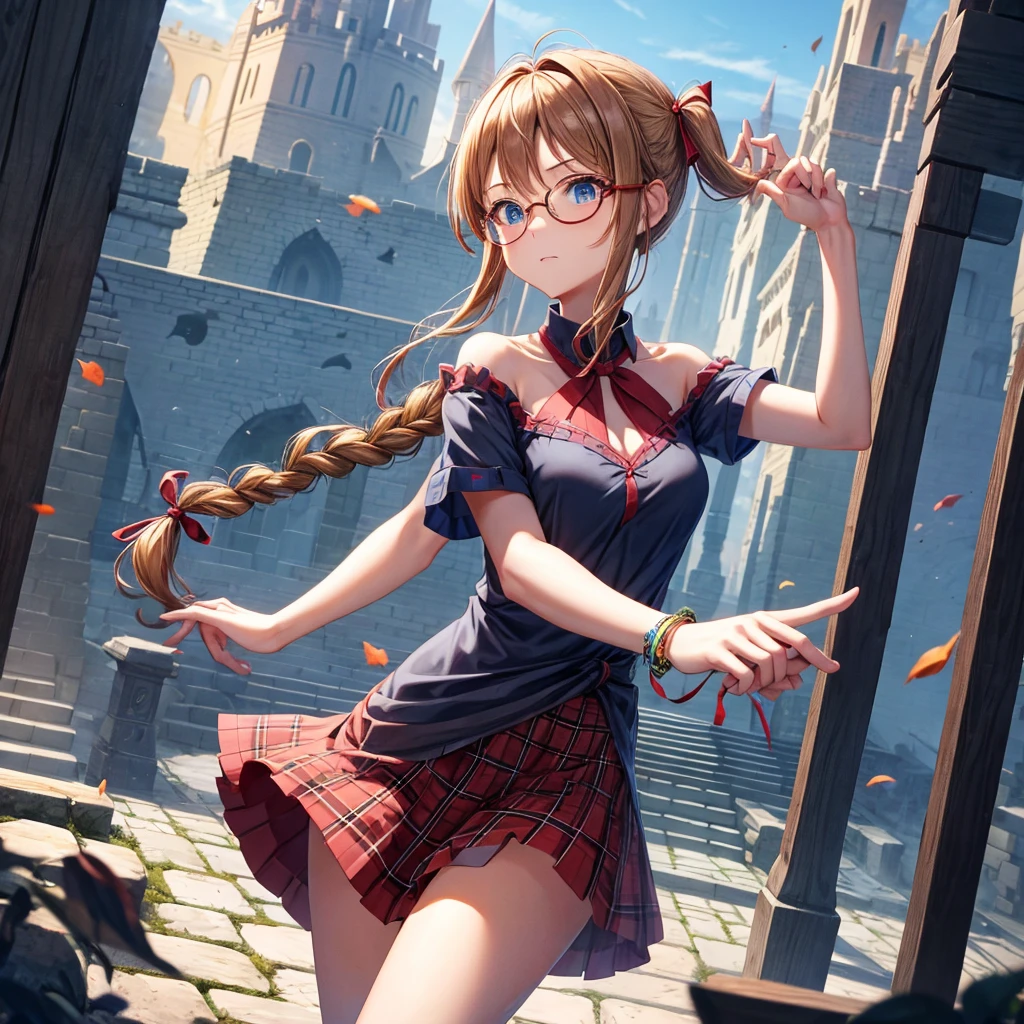 reddish-brown blonde、blue hair、blue eyes、ponytail、Braid、one good looking girl、solo、anime、Plaid miniskirt、camisole、black t-shirt、Tilting your face、Doing the ribbon、Ribbon at waist、sunset sky、stone stairs、tunnel、Fallen leaves、wearing glasses、Light and shadow、maze、monster castle、lanthanum、corridor、One leg is raised、pinwheel、castle floating in the air、7 cylinders、Jewelry box