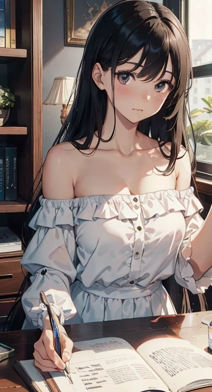 （masterpiece），（best quality），（Very detailed），（Enlightenment），（ultra high resolution）a girl，Off the shoulder dress，Laugh，(Off the shoulder dress)，mentor，black hair，Long straight hair，White shirt，mature woman，huge ，frown，top down view，close-up，Write homework，inside the room，bookshelf，table，Sadomasochism，hang up