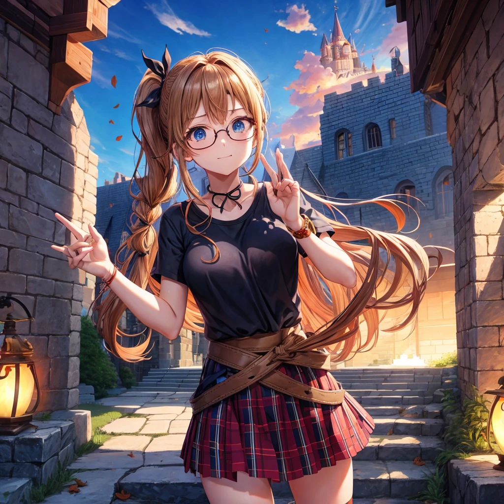 reddish-brown blonde、blue hair、blue eyes、ponytail、Braid、one good looking girl、solo、anime、Plaid miniskirt、camisole、black t-shirt、Tilting your face、Doing the ribbon、Ribbon at waist、sunset sky、stone stairs、tunnel、Fallen leaves、wearing glasses、Light and shadow、maze、monster castle、lanthanum、corridor、One leg is raised、pinwheel、castle floating in the air、7 cylinders、Jewelry box