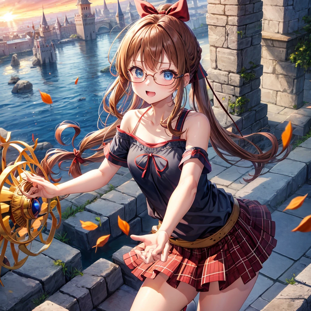 reddish-brown blonde、blue hair、blue eyes、ponytail、Braid、one good looking girl、solo、anime、Plaid miniskirt、camisole、black t-shirt、Tilting your face、Doing the ribbon、Ribbon at waist、sunset sky、stone stairs、tunnel、Fallen leaves、wearing glasses、Light and shadow、maze、monster castle、lanthanum、corridor、One leg is raised、pinwheel、castle floating in the air、7 cylinders、Jewelry box