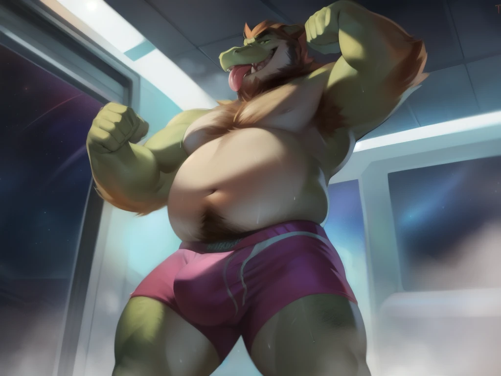 Solo, male, standing, alligator, rape face, hungry expression, grey skin, green skin, big face, fangs, blep, thick tongue, green eyes, detailed eyes, overweight, flabby, big, massive, giant, fat, big arms, arms flexing, arms lifted up, hairy armpits, sweaty, extreme heat, sweat, steamy, hairy, happy trail, beard, hard penis, penis outline, hard bulge, by chunie, by darkgem, by dramamine, by glitter trap boy, (((boxers, detailed genitalia outline, detailed crotch))), space, spaceship, window, sci-fi sauna, dark blue lighting