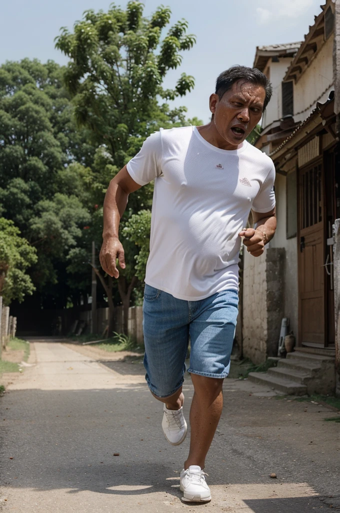 an Indonesian grandfather trying to running quickly with fear face,sweat dripping down his face,jump,action, flying,wear white shirt and jeans pants,white Adidas shoes,from far behind three young pregnant woman,wearing colorful dress,trying to catch him,starring at him,angry at him,screaming at him, trying to catch him with anger face, realistic,photo from below, village background,stone road,dusty,clear blue sky,trees,long wide shot