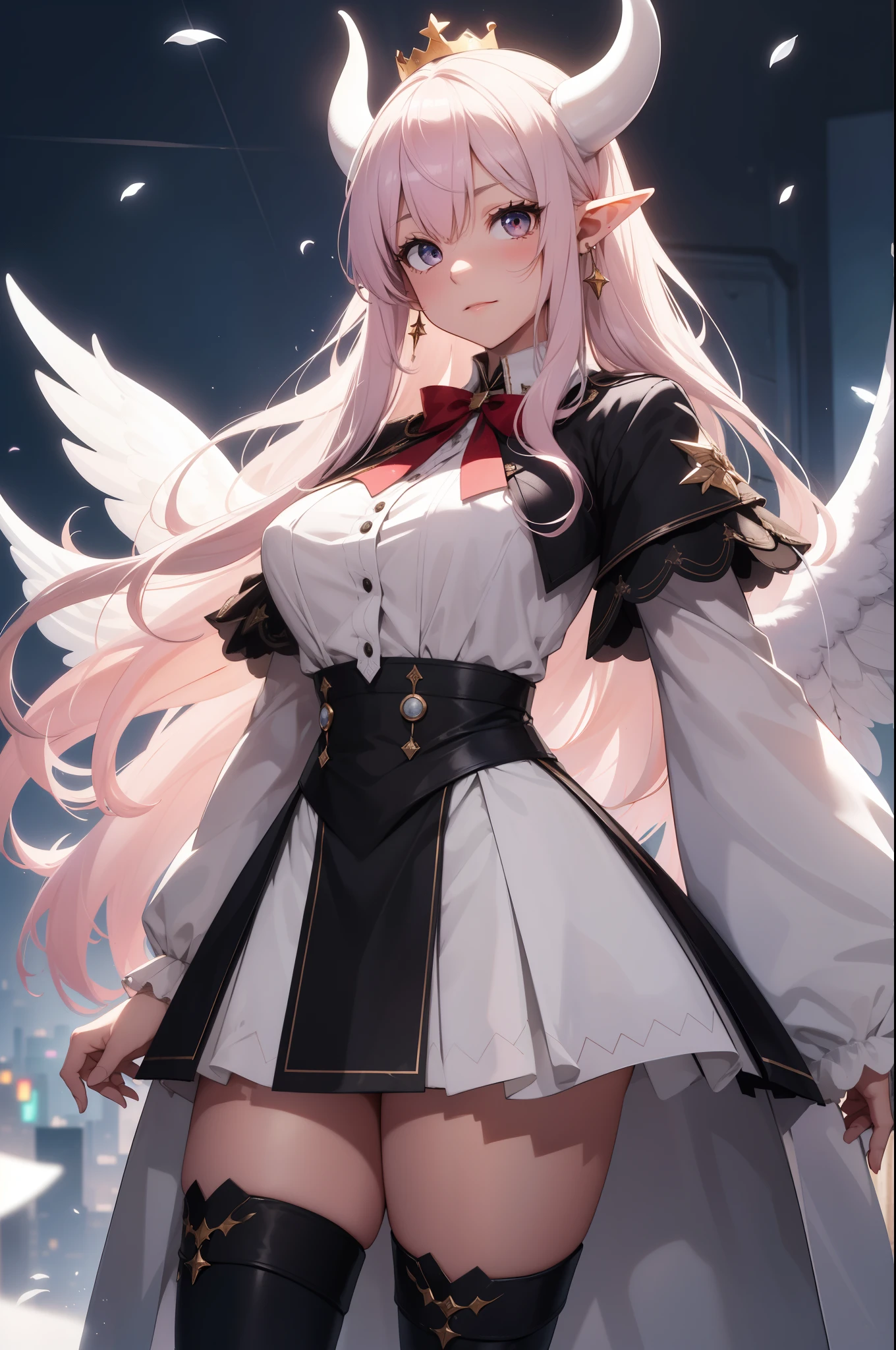 giant girl 50,000 feet high,Weight 1000kg,Has a pair of long legs,Open your eyes wide,Has three pairs of huge white angel wings,With huge devil horns on his head,crown on head,Elf wearing white earrings,She has long pink hair that reaches her feet,loose hair,Pink wavy long curly hair,Wearing a pair of black boots,White sleeves,white skirt,Skirt with bow and star decorations,Destroying a small city,Beautiful appearance,Exquisite makeup,quality,8k,高quality,Perfect proportion, Cinema lighting,film grain,Fuji colors,8k,textured skin,Super details,high detail,high resolution,Domineering,Strong,charming,blood stains,脚底有blood stains,whole body,Obese,elf princess,feather,flowers