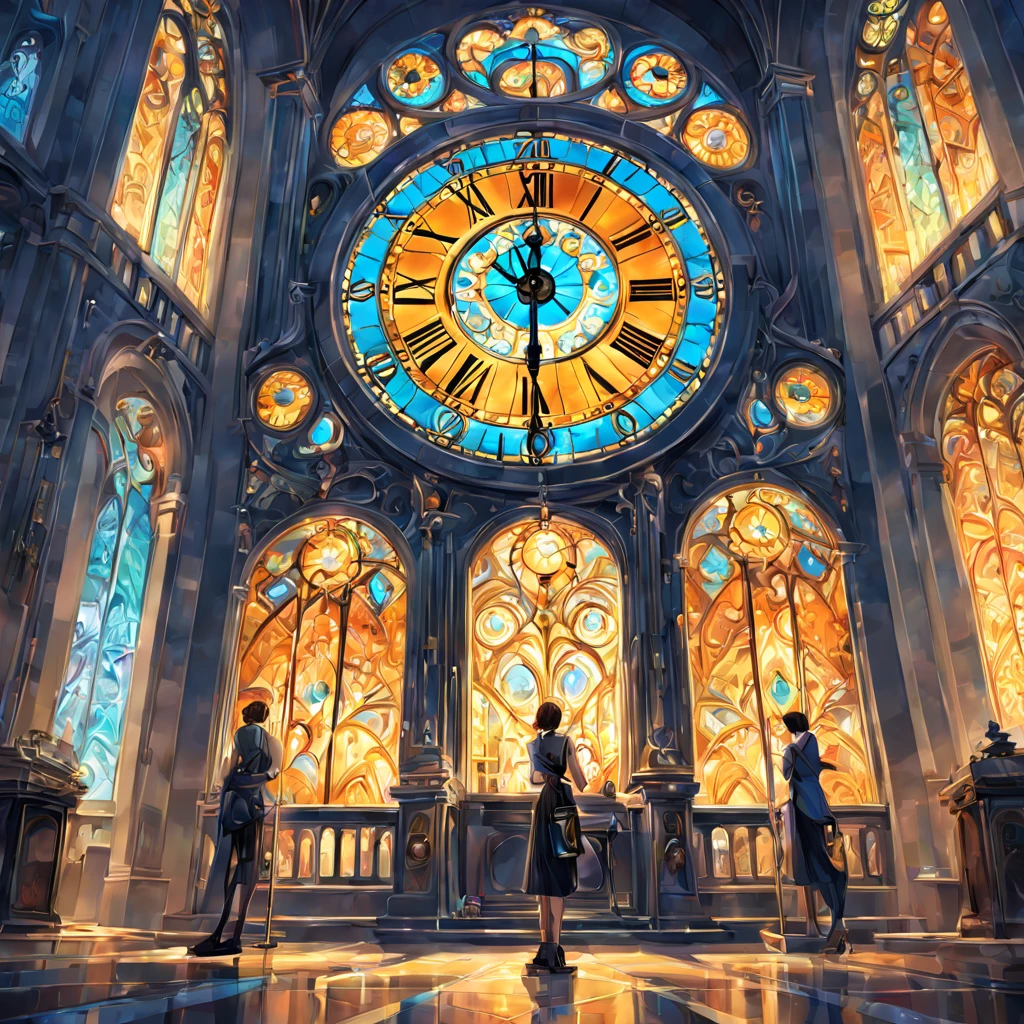 art deco:Clock tower,bright colors, intricate details. very detailed, Complex motifs, organic tracery, perfect composition, digital painting, art station, concept art, Smooth,, shape, T Masterpiece, highest quality, award-winning, High resolution, Landscape painting,Beautiful and amazing,Crystal Light