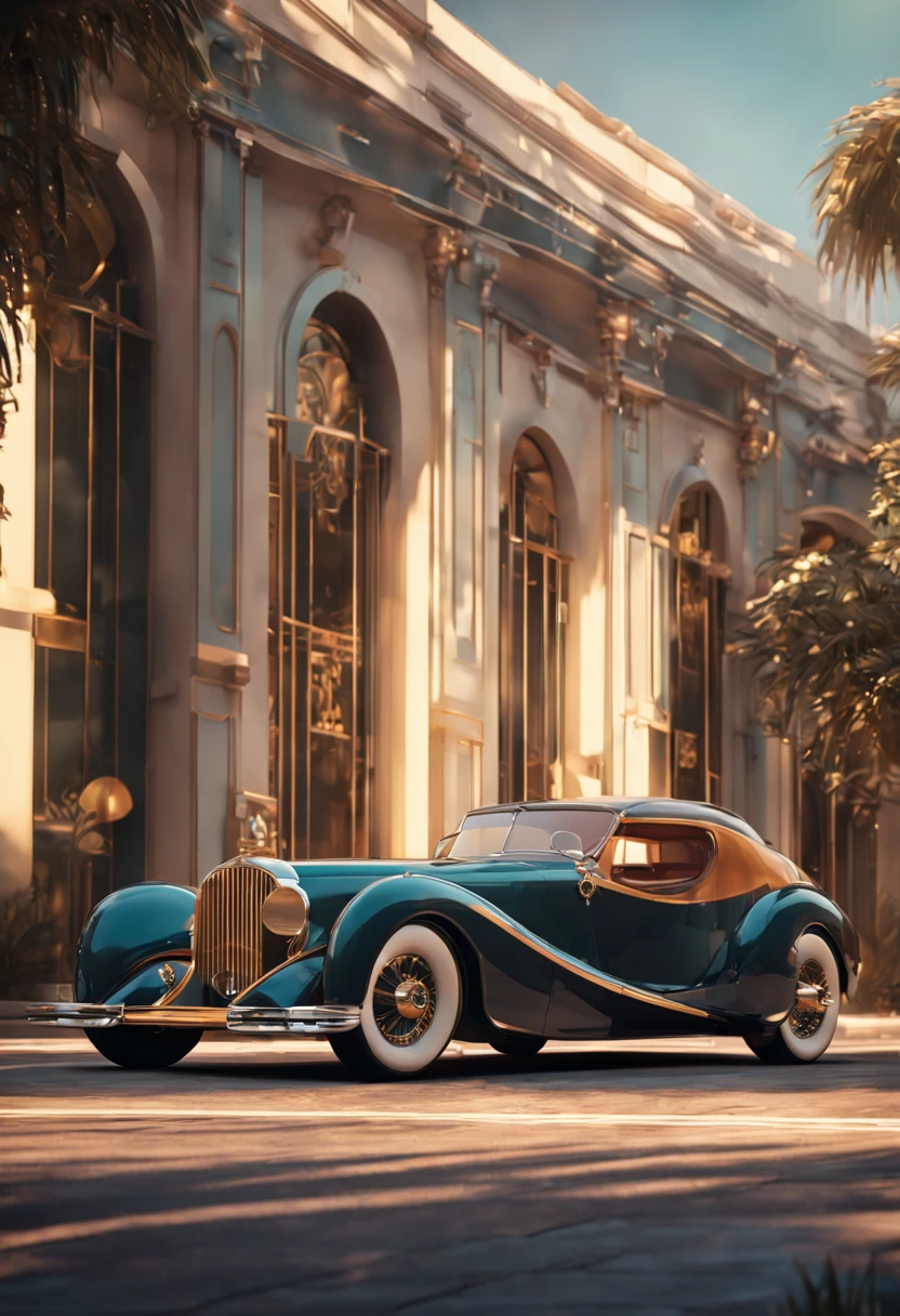 an AI-designed Art Deco-inspired car display. Infuse sleek lines, geometric patterns, and luxurious elements. Incorporate a vintage color palette and sophisticated detailing for a timeless and glamorous automotive aesthetic. detailed matte painting, deep color, fantastical, intricate detail, splash screen, complementary colors, fantasy concept art, 8k resolution trending on Artstation Unreal Engine 5