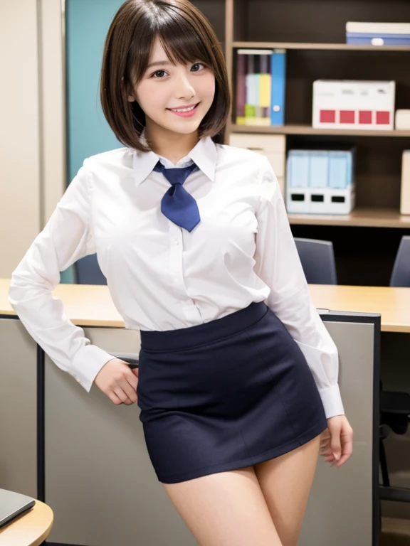 Pure Japanese young girl, outstanding body, beautiful legs, wearing formal office suits, (panty), high heels, vivid makeup, arranged black hair styles, lift up skirt, spread wide legs, sweet smile, professional portrait photography, sitting, soft sunlight, 