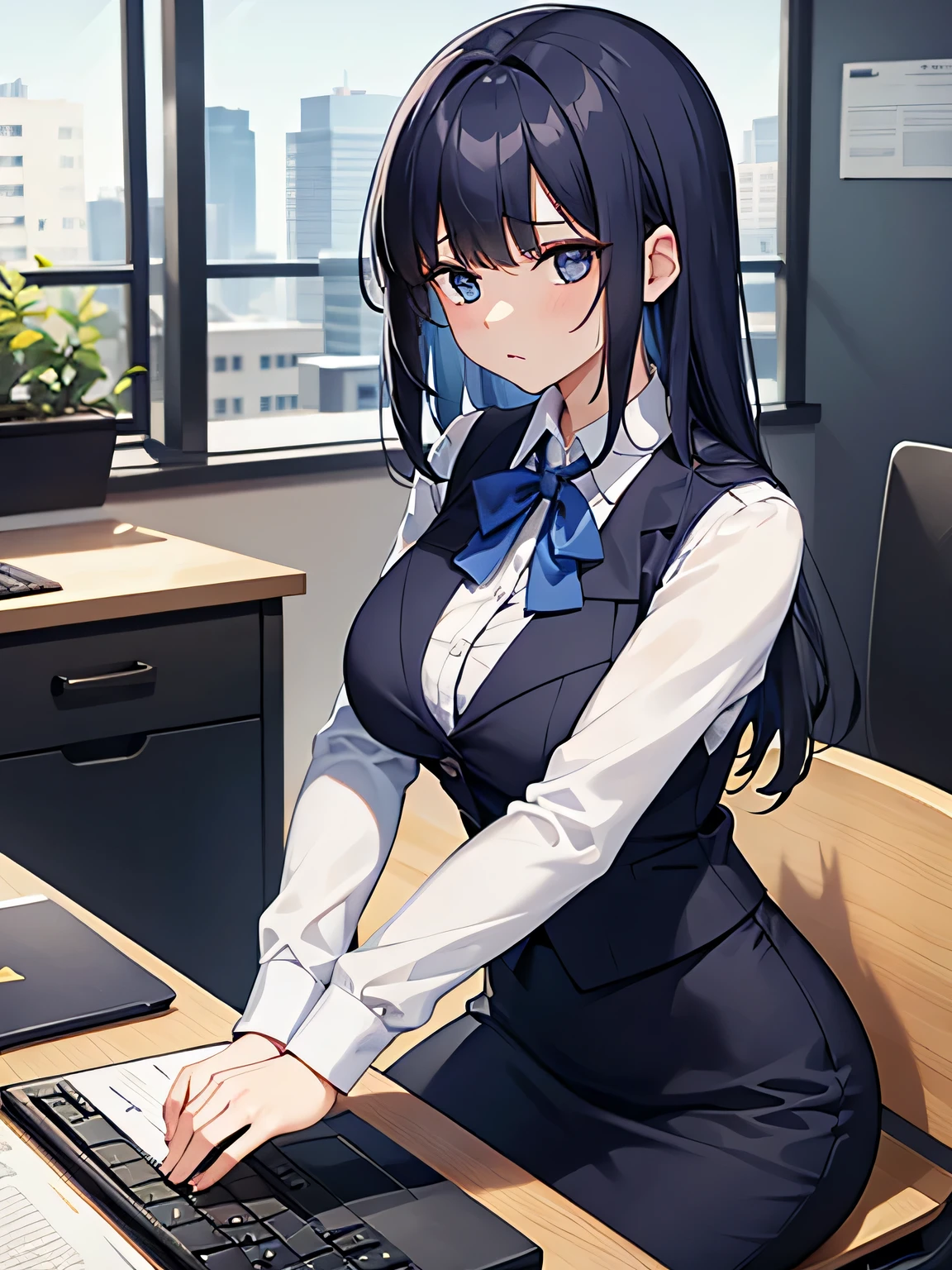 (1) a woman is working in an office.
(2) a man is talking to her、she is ignoring him.
(3) The woman is wearing a white blouse, a navy vest, and a navy blue tight skirt..
(4) The woman's expression is very cold, expressionless and unfriendly.
(5) Location、This is her office desk where she is working on her computer.。.