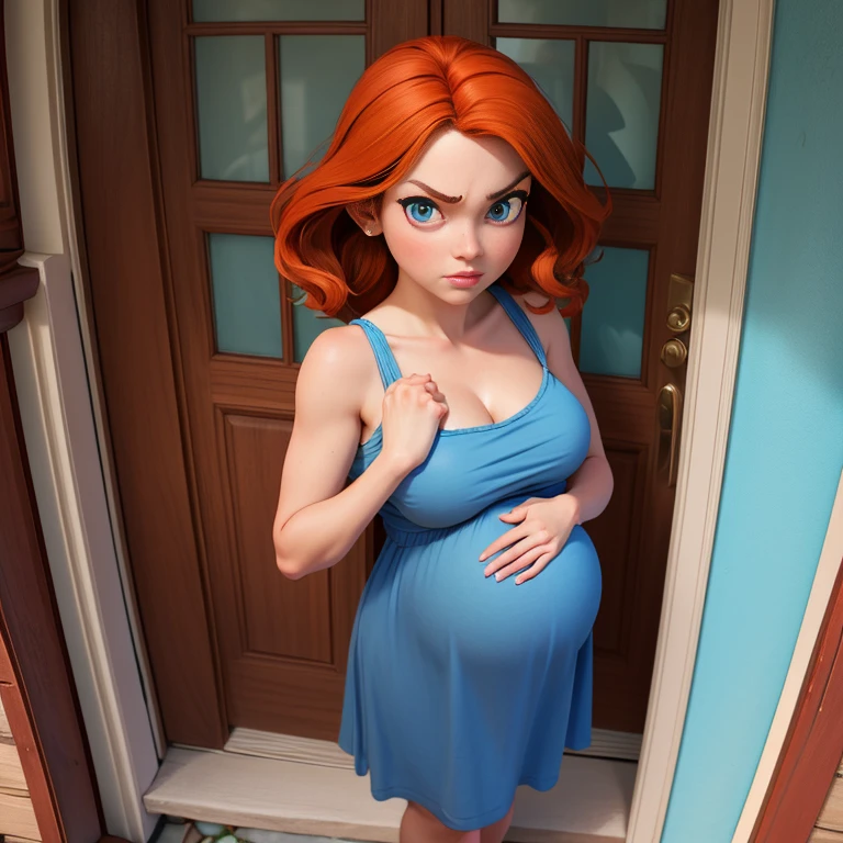 Beautiful petit redhead woman in her thirties, pregnant, huge tits, slim, small waist, round ass, wearing a blue sundress. She has grey big eyes, small nose and full lips. Sweet but angry expression. Standing outside the door in the porch. Point of view from inside the house and from above her