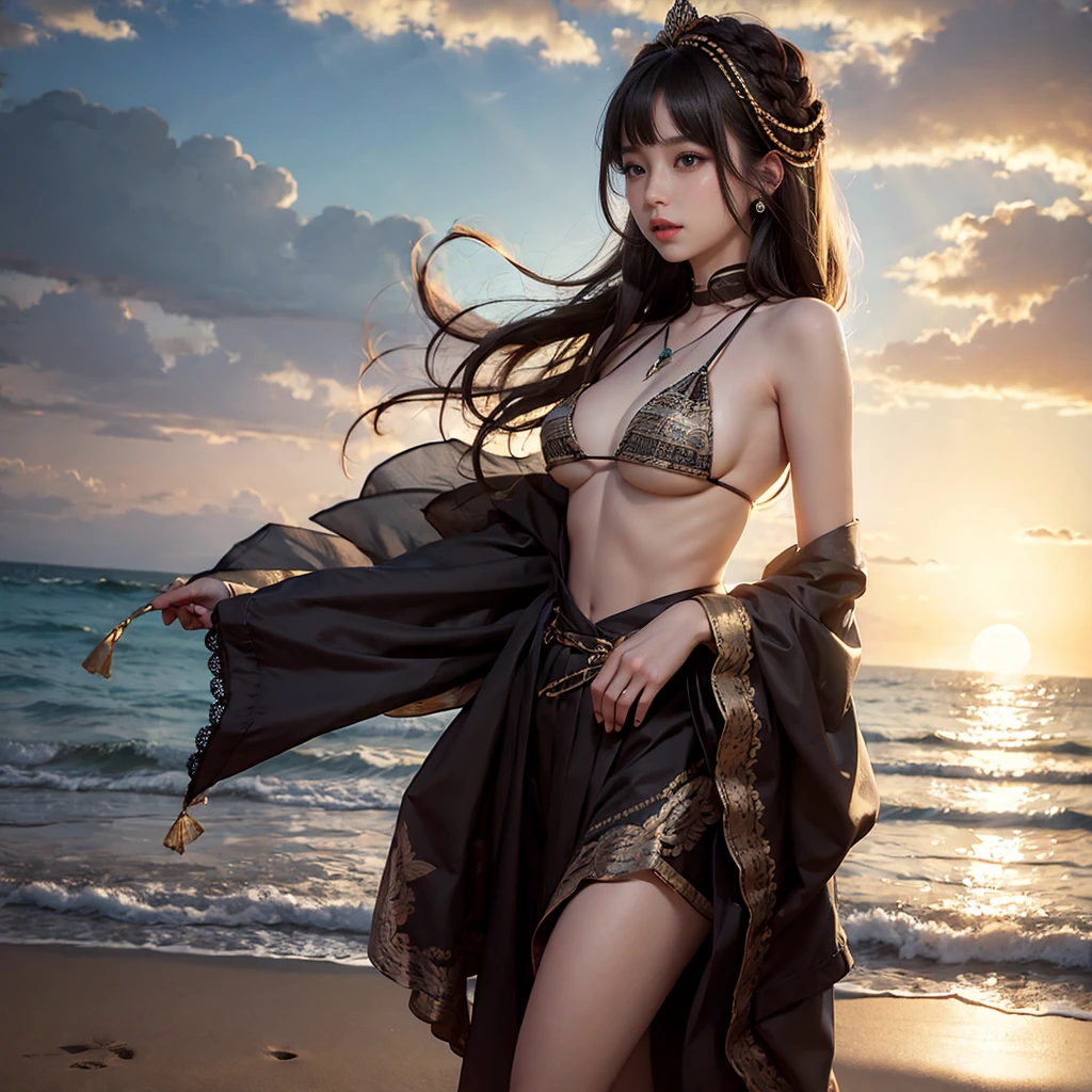 a KAWAII girl with a Halo  wearing a tiny string bikini, standing on a sandy beach, under the warm sunset light. Her eyes look captivating and mysterious, with long eyelashes and a hint of playful charm. The bikini is pure white, with elaborate lace pattern and intricate details that accentuate her curves. The sand beneath her feet is golden and softly illuminated, creating a serene and dreamy atmosphere. The ocean waves gently kiss the shore, adding a soothing soundtrack to the scene. The overall image quality is top-notch, with ultra-detailed features, vivid colors, and a realistic, photorealistic rendering style. The lighting is carefully set to highlight the curves of her body, creating a beautiful play of light and shadows. The scene exudes a sense of summer vacation, freedom, and adventure. (((Volumetric lighting, Acutance:0.8, sideboob))), (((NSFW:-1, nipple:-1)))