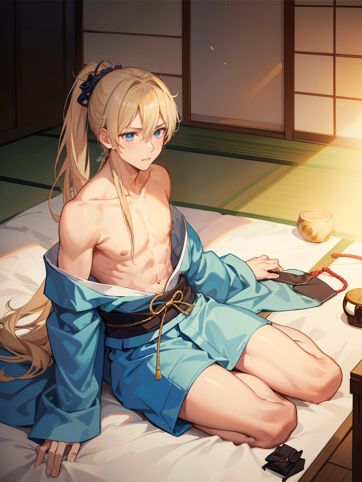 1boy，Masculinity，blond hair，ponytail，blue eyes，no bra，A Japanese-style room，late at night，alone，kimono