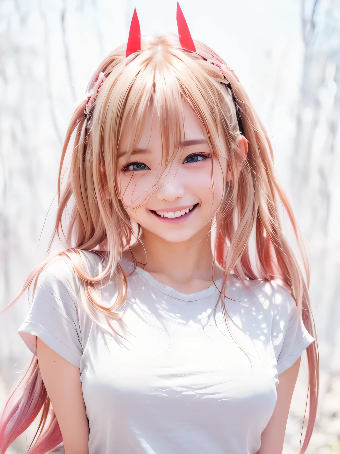(1girl), Solo, Extremely cute, Amazing face and eyes, (Beautiful lovely smile), Blonde hair, (extremely detailed beautiful face), bright shiny lips, (Best Quality:1.4), (Ultra-detailed), (A hyper-realistic, Photorealsitic:1.37), Beautiful fair skin, extremely detailed CG unified 8k wallpaper, RAW Photos, professional photograpy, Cinematic lighting, dense woods,
