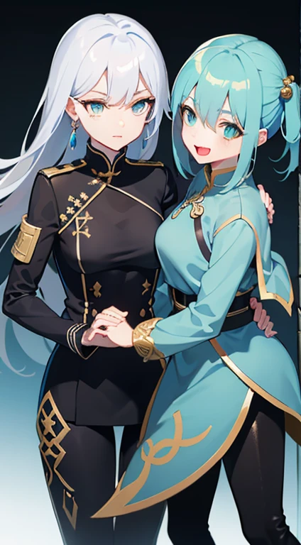 (open mouth and laugh)tall, silver hair square, cyan eyes, giggle, grace, Nice blue Chinese combat jacket, gold elements, black leggings, Chinese sword, blue tit, lain(mobile legends), high quality, 4K, HD, Nice details