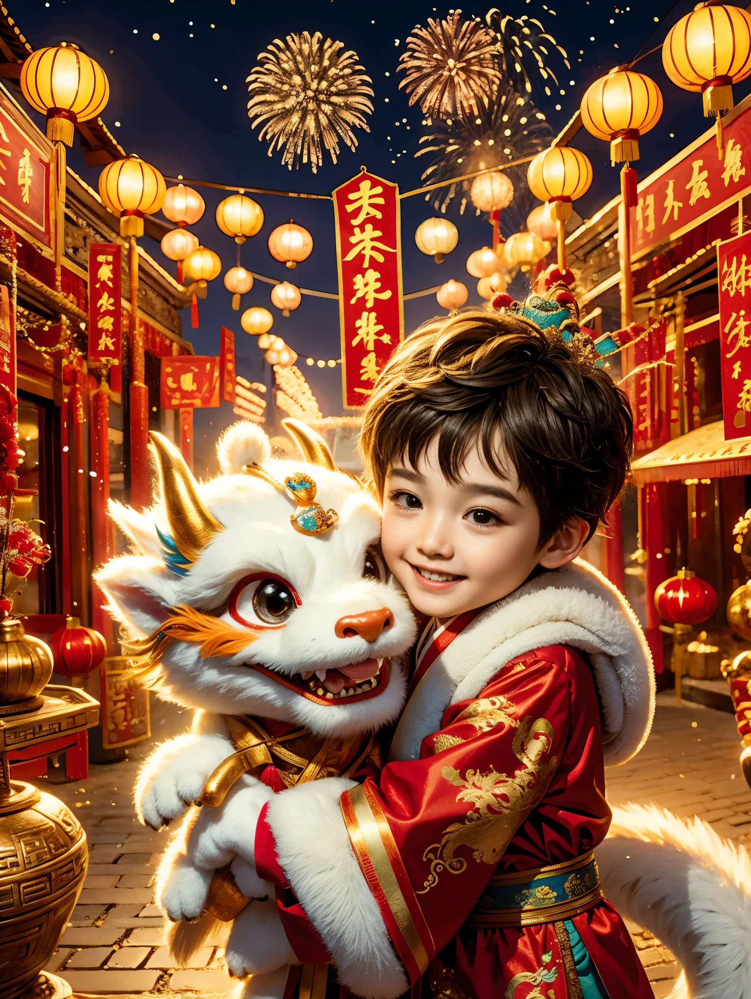 1 boy hugging cute little Chinese dragon, ancient Chinese little prince, Chinese baby dragon, cute, festive, Chinese Lunar New Year, firecrackers, fireworks