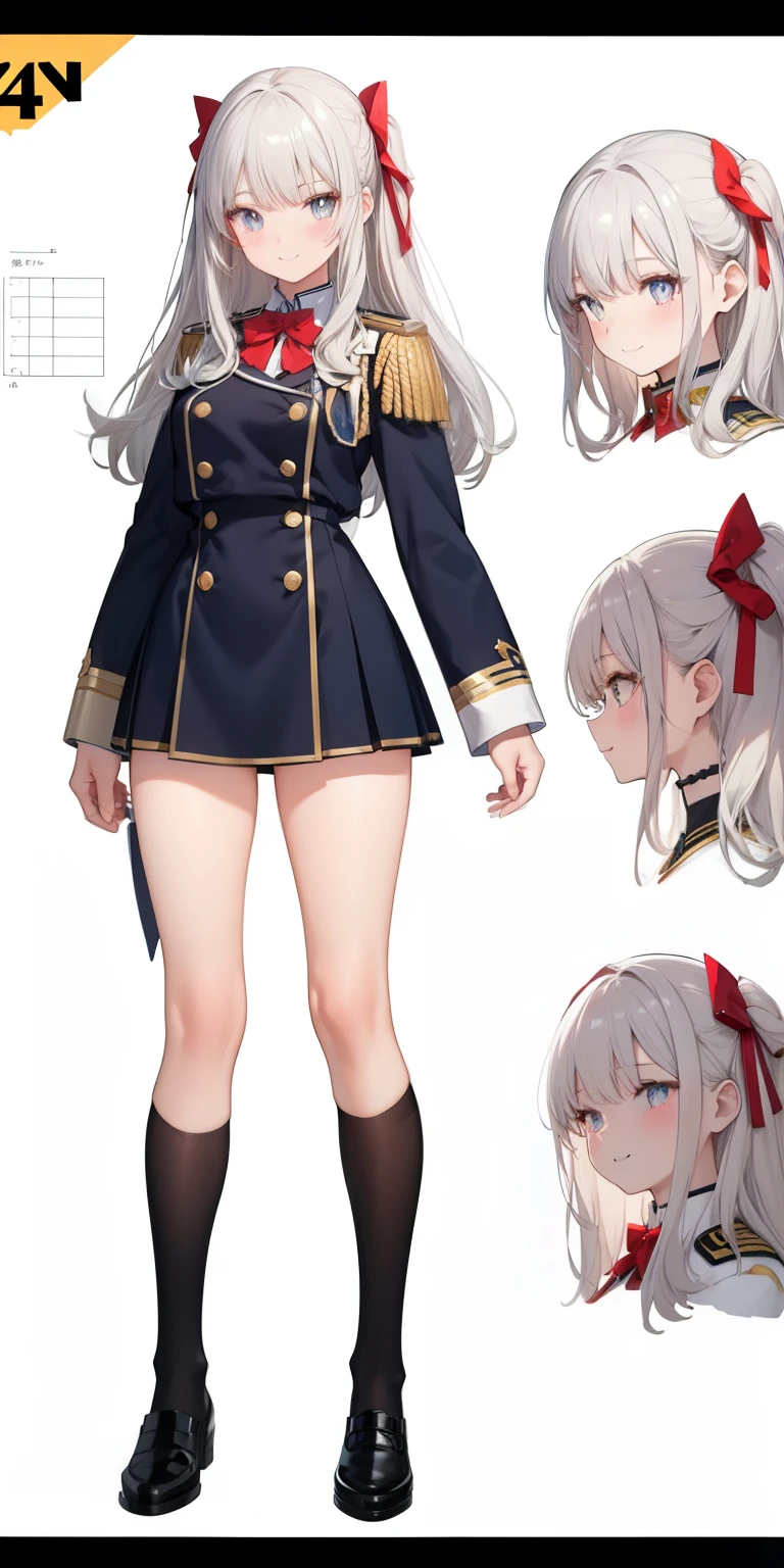 (masseter part,best quality,ultra-detailed),(character sheet:1.2),full body,School uniform,front view,side view,back view,golden eyes,bright pupils,delicate hair ornaments,long gray hair smooth, bow ribbon, bright smile, Uniforms, Reference Table, nffsw, precise, super detail, SolidBackground, high detail, 4k, dagger decoration, same character