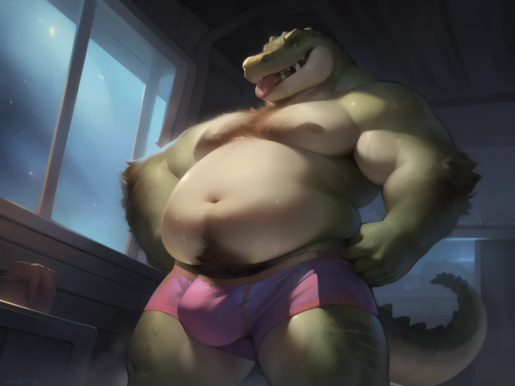 Solo, male, standing, full body, alligator, rape face, hungry expression, grey skin, green skin, big face, fangs, blep, thick tongue, green eyes, detailed eyes, overweight, flabby, big, massive, giant, fat, big arms, arms lifted up, hairy armpits, sweaty, extreme heat, sweat, steamy, hairy, happy trail, beard, hard penis, penis outline, hard bulge, by taran fiddler, by darkgem, by dramamine, by glitter trap boy, (((boxers, detailed genitalia outline, detailed crotch))), space, spaceship, window, sci-fi sauna, dark blue lighting