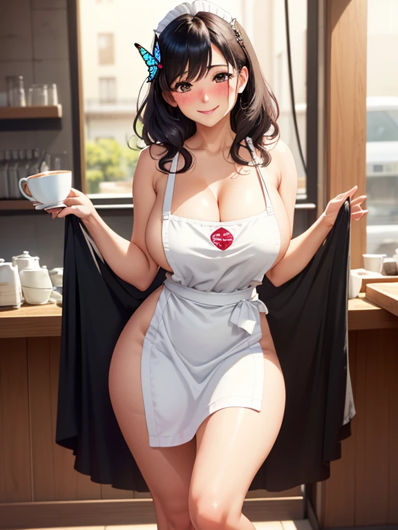1girl, solo, black hair, butterfly hair ornament, (naked:1.3), (white apron), large breasts, cleavage, thighs, cafe background, (blushing:1.3),brown eyes, Carla Yeager , smiling, standing, realistic eyes, perfect shaped beautiful body