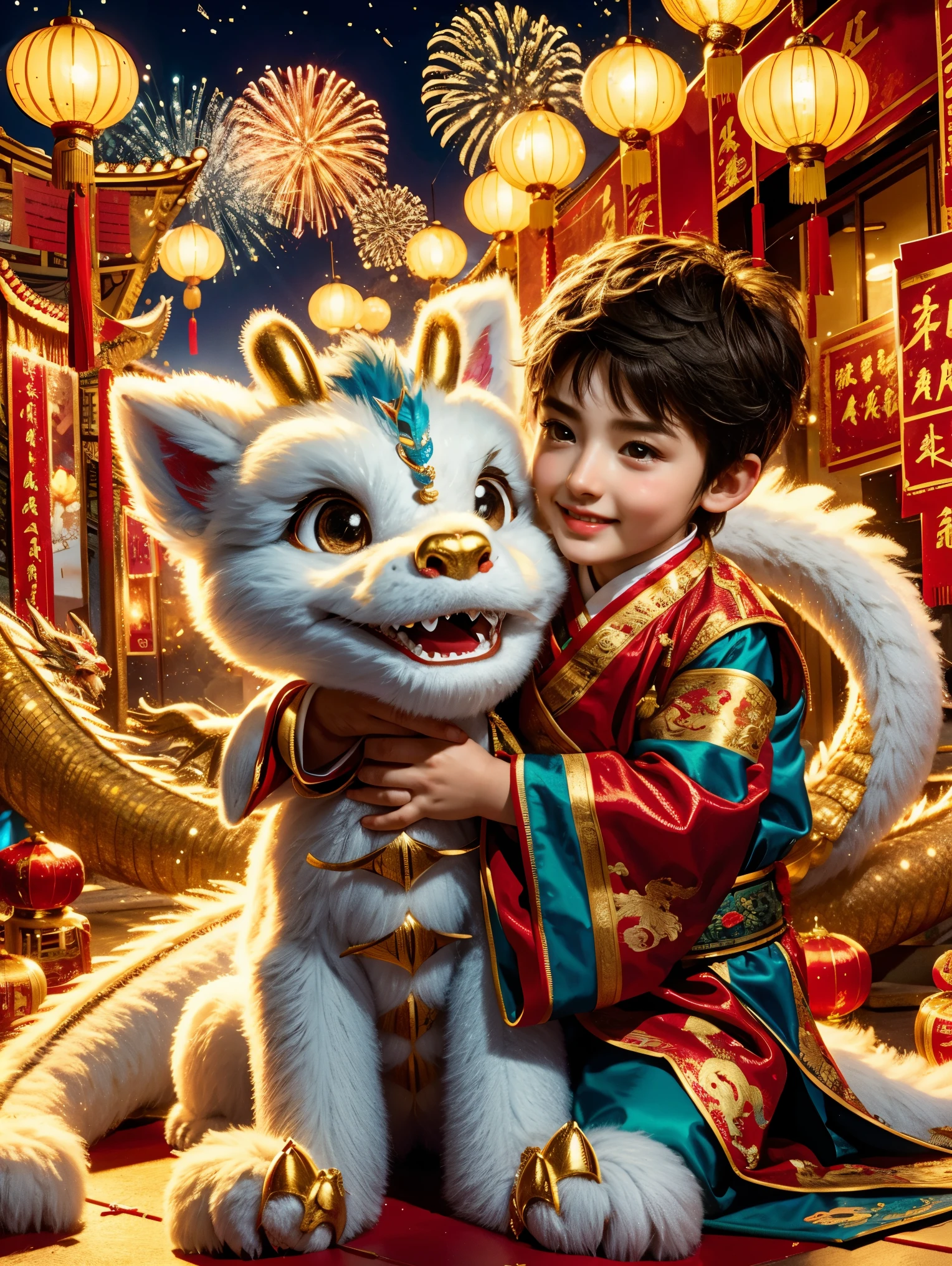 1 boy hugging cute little Chinese dragon, ancient Chinese little prince, Chinese baby dragon, cute, festive, Chinese Lunar New Year, firecrackers, fireworks