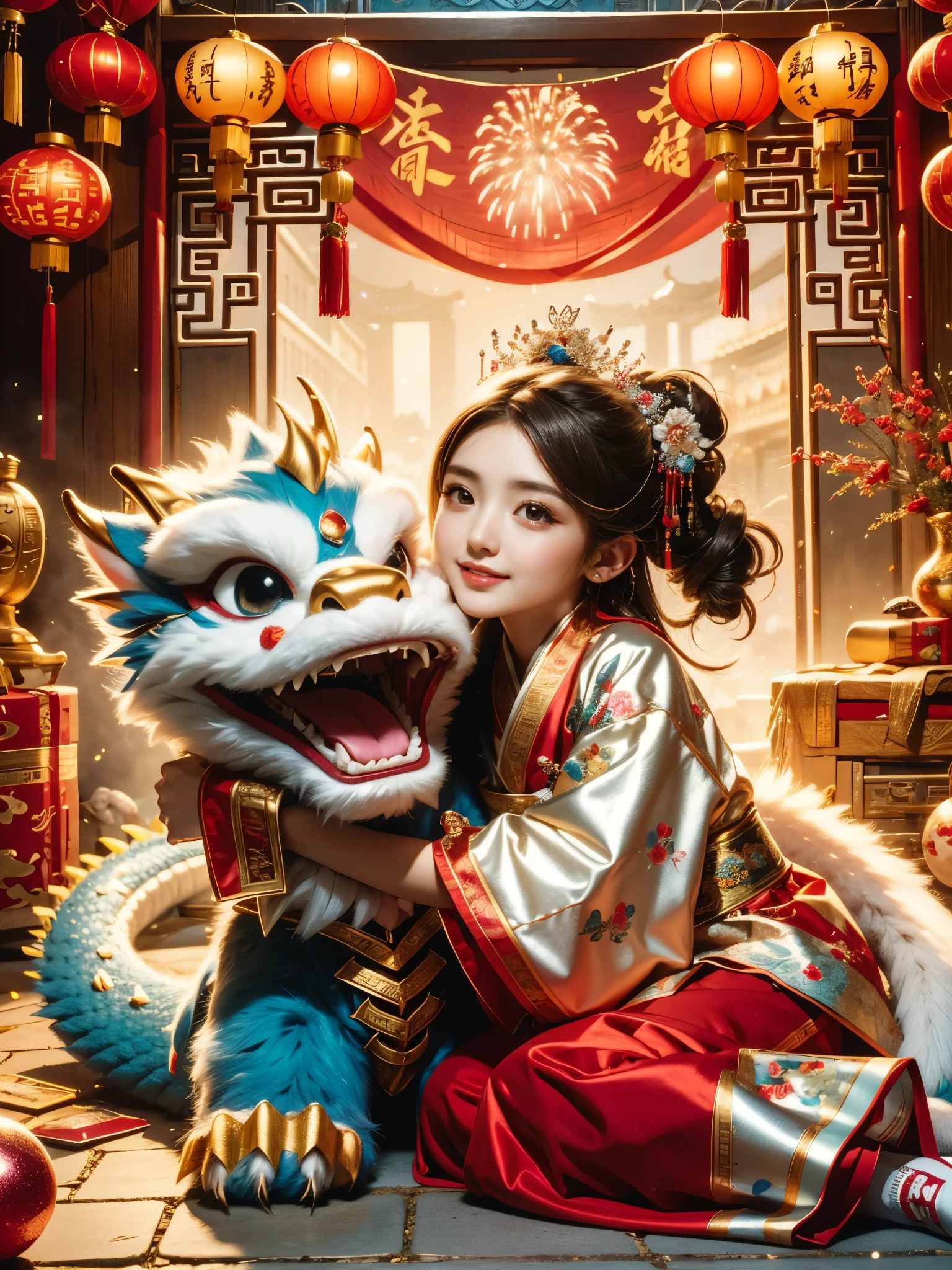 1 girl hugging cute little chinese dragon, ancient chinese little princess, chinese  dragon, cute, festive, chinese lunar new year, firecrackers, fireworks