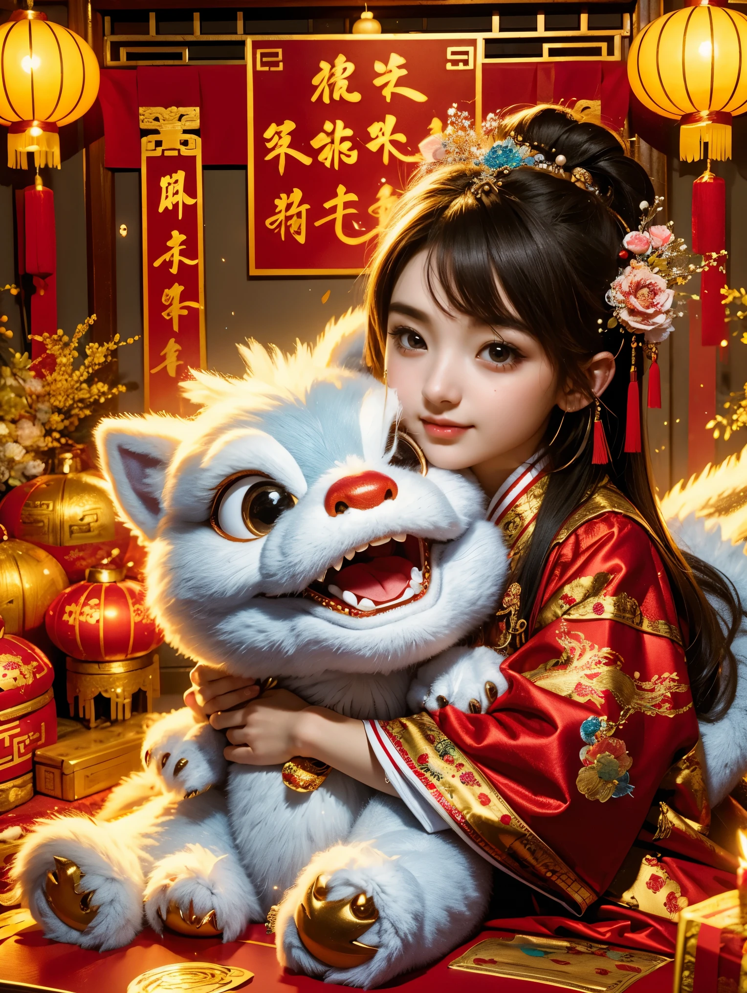 1 girl hugging cute little chinese dragon, ancient chinese little princess, chinese  dragon, cute, festive, chinese lunar new year, firecrackers, fireworks