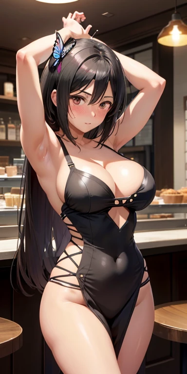1girl, solo, black hair, butterfly hair ornament, (completely naked), large breasts, arms up,cleavage, thighs, cafe background, (blushing:1.3),brown eyes, mikasa ackerman, standing, realistic eyes, perfect shaped beautiful body