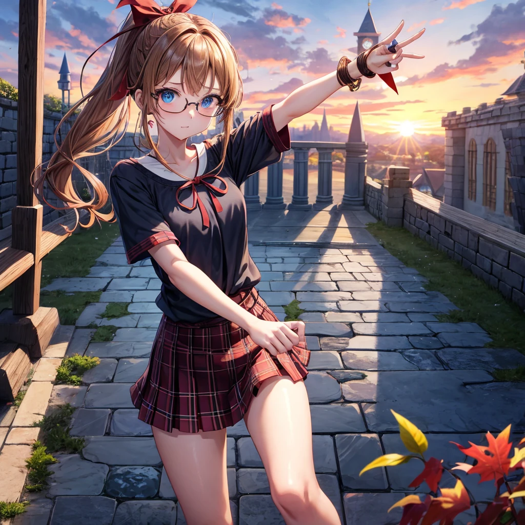 reddish-brown blonde、blue hair、blue eyes、ponytail、Braid、one good looking girl、solo、anime、Plaid miniskirt、camisole、black t-shirt、Tilting your face、Doing the ribbon、Ribbon at waist、sunset sky、stone stairs、tunnel、Fallen leaves、wearing glasses、Light and shadow、maze、monster castle、lanthanum、corridor、One leg is raised、pinwheel、castle floating in the air、7 cylinders、Jewelry box、flag