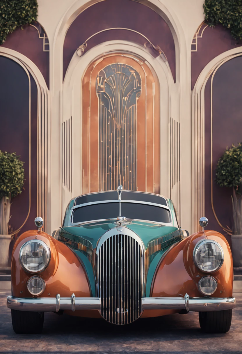 an AI-designed Art Deco-inspired car display. Infuse sleek lines, geometric patterns, and luxurious elements. Incorporate a vintage color palette and sophisticated detailing for a timeless and glamorous automotive aesthetic. detailed matte painting, deep color, fantastical, intricate detail, splash screen, complementary colors, fantasy concept art, 8k resolution trending on Artstation Unreal Engine 5