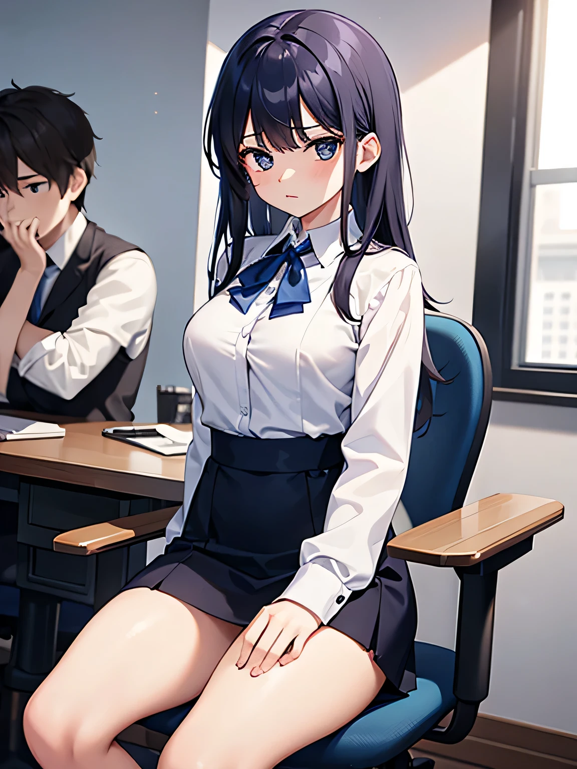 NSFW Tohsaka Rin, Aqua Eye, (Black Hair:1.5), hair ribbon, Long Hair, ribbon, Side Lock, Both sides up, (Parted bangs:1.5), break (brown Sweater vest:1.2), collared shirt, Homurahara Academy uniform, neck ribbon, red ribbon, ribbon, , shirt, Sweater vest, white shirt, break indoors, classroom, break looking at viewer, (Cowboy Shot:1.5) break (masterpiece:1.2), Highest quality, High resolution, unity 8k wallpaper, (figure:0.8), (Beautiful attention to detail:1.6), Highly detailed face, Perfect lighting, Highly detailed CG, (Perfect hands, Perfect Anatomy), Sit on a chair Cute white panties Spread your legs Spread your legs