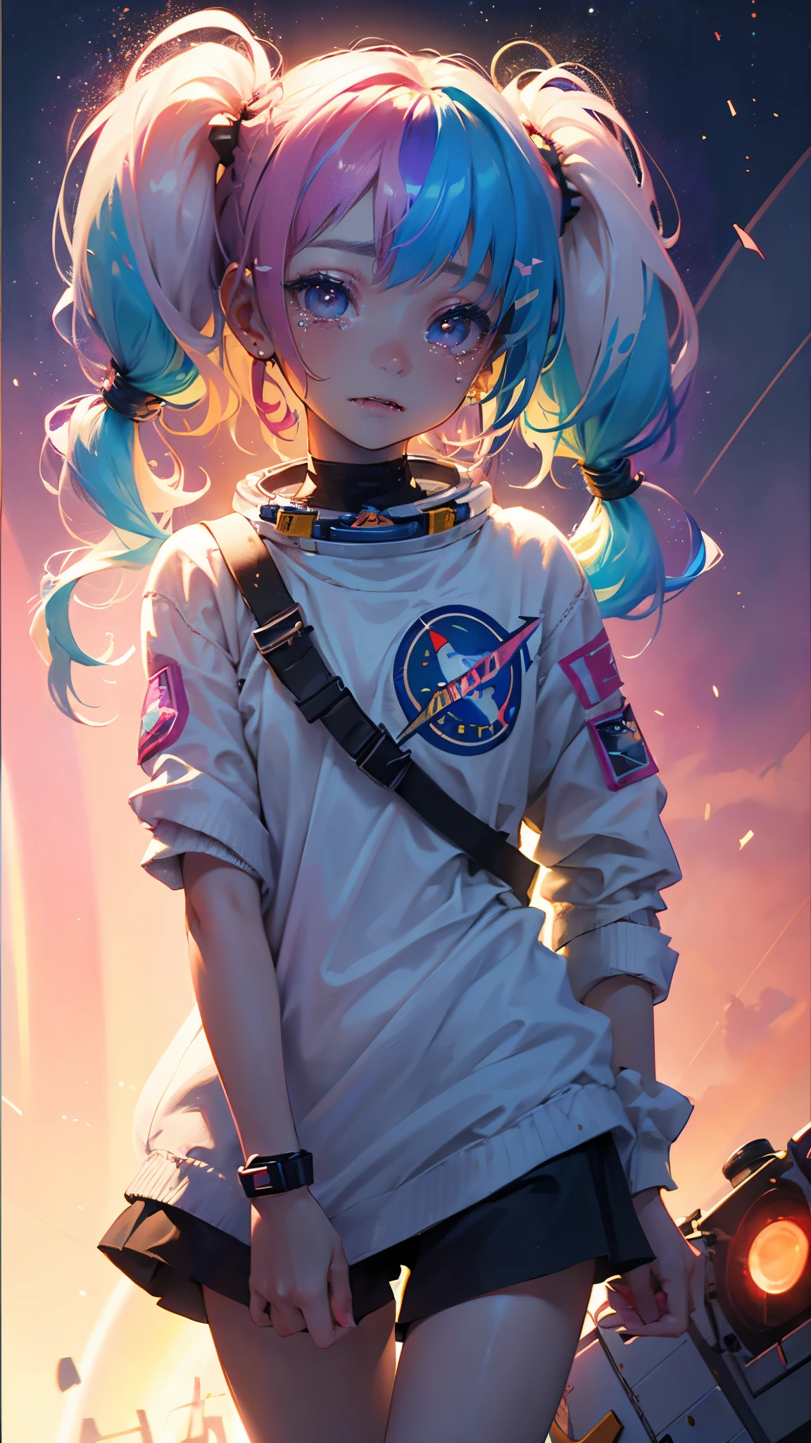 hair bobbles, wince, long eyelashes, solid circle eyes, light smile, ear blush, fang, (((rainbow hair))), makeup, blush, sad, sad smile, drop shadow, anaglyph, atmospheric perspective, 8k, super detail, accurate, best quality, (cyberpunk), bright lighting, masterpiece,1girll, ((((short twintails)))), Colorful hair, flying, pink bows,((-yeld fee model)), (angel halo) , eye level shot, (((astronaut))), (((wide shot))), ((((( color splash ))))), (((ltech savy)))