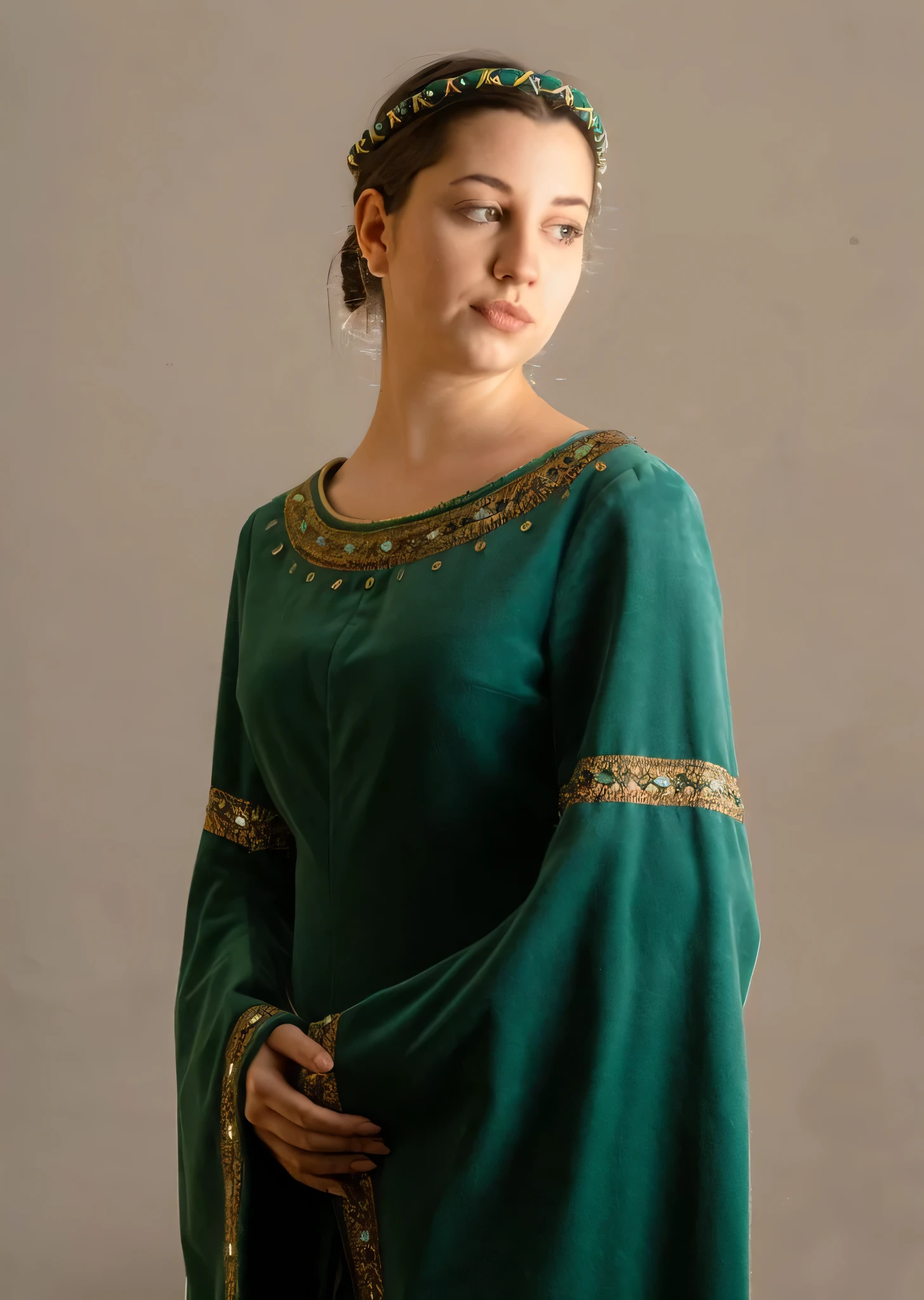 a close up of a woman in a green dress with a gold trim, green tunic, medieval dress. medieval robes, medieval clothing, tunic, medieval style, medieval clothes, wearing medieval clothes, medieval wear, medieval, medieval princess, ornate dark green clothing, classical robes, medieval garb