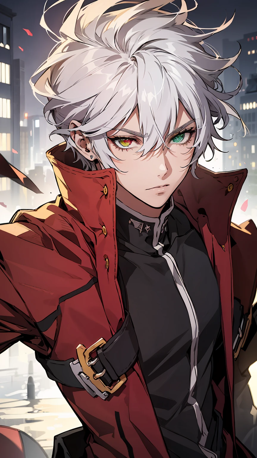 ***ung man,((heterochromia,right eye is red eye,left eye is green)),silver hair,modern buildings on the background,((best quality:1.3)), high quality, masterpiece,ultra-detailed 