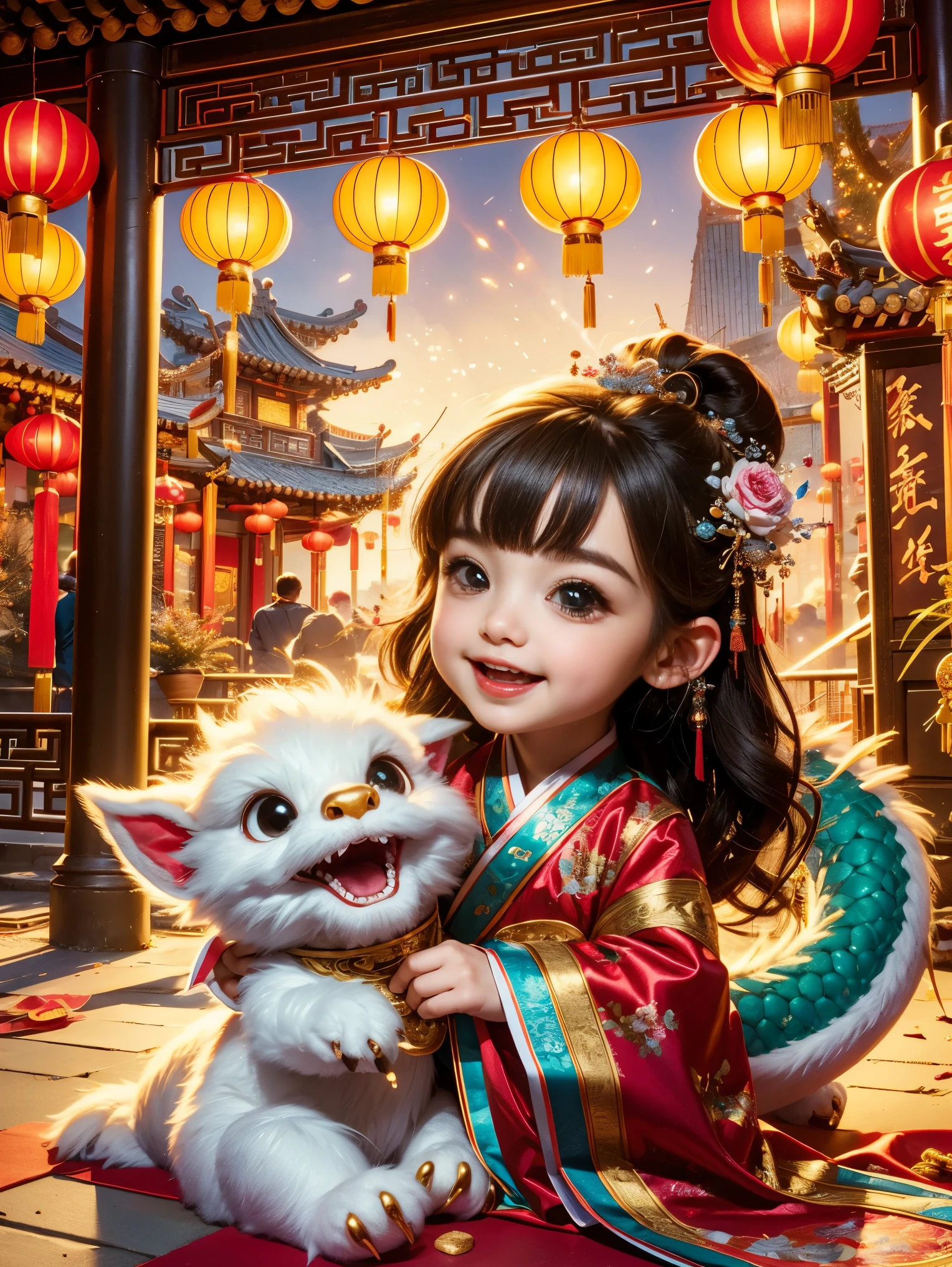 1 girl hugging cute little chinese dragon, ancient chinese little princess, chinese  dragon, cute, festive, chinese lunar new year, firecrackers, fireworks