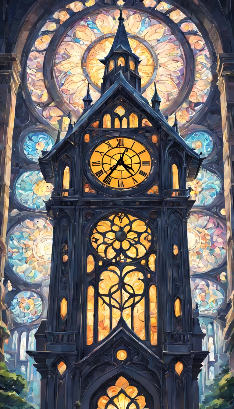 art deco:Clock tower,bright colors, intricate details. very detailed, Complex motifs, organic tracery, perfect composition, digital painting, art station, concept art, Smooth,, shape, T Masterpiece, highest quality, award-winning, High resolution, Landscape painting,Beautiful and amazing,Crystal Light