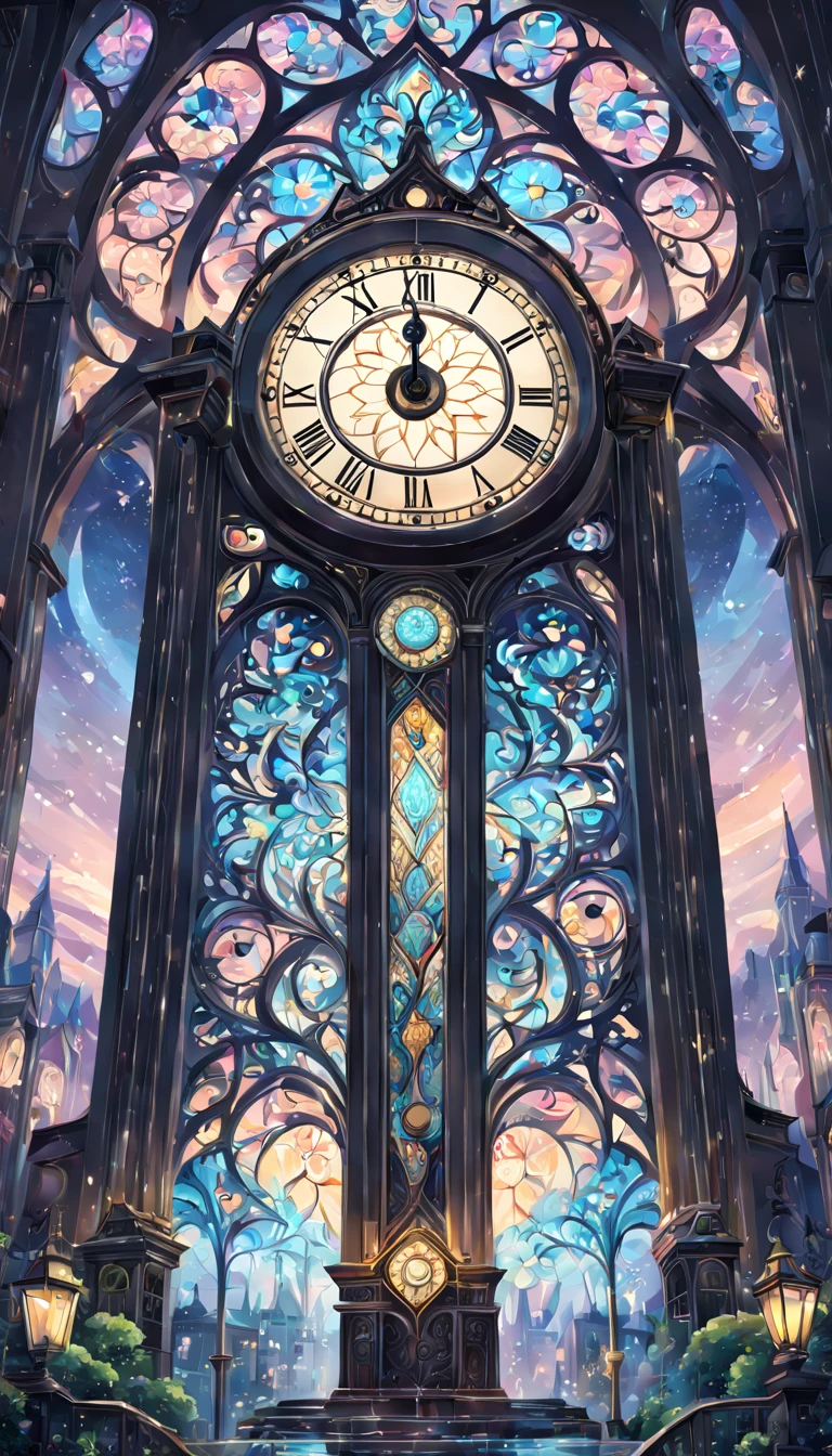 art deco:Clock tower,bright colors, intricate details. very detailed, Complex motifs, organic tracery, perfect composition, digital painting, art station, concept art, Smooth,, shape, T Masterpiece, highest quality, award-winning, High resolution, Landscape painting,Beautiful and amazing,Crystal Light