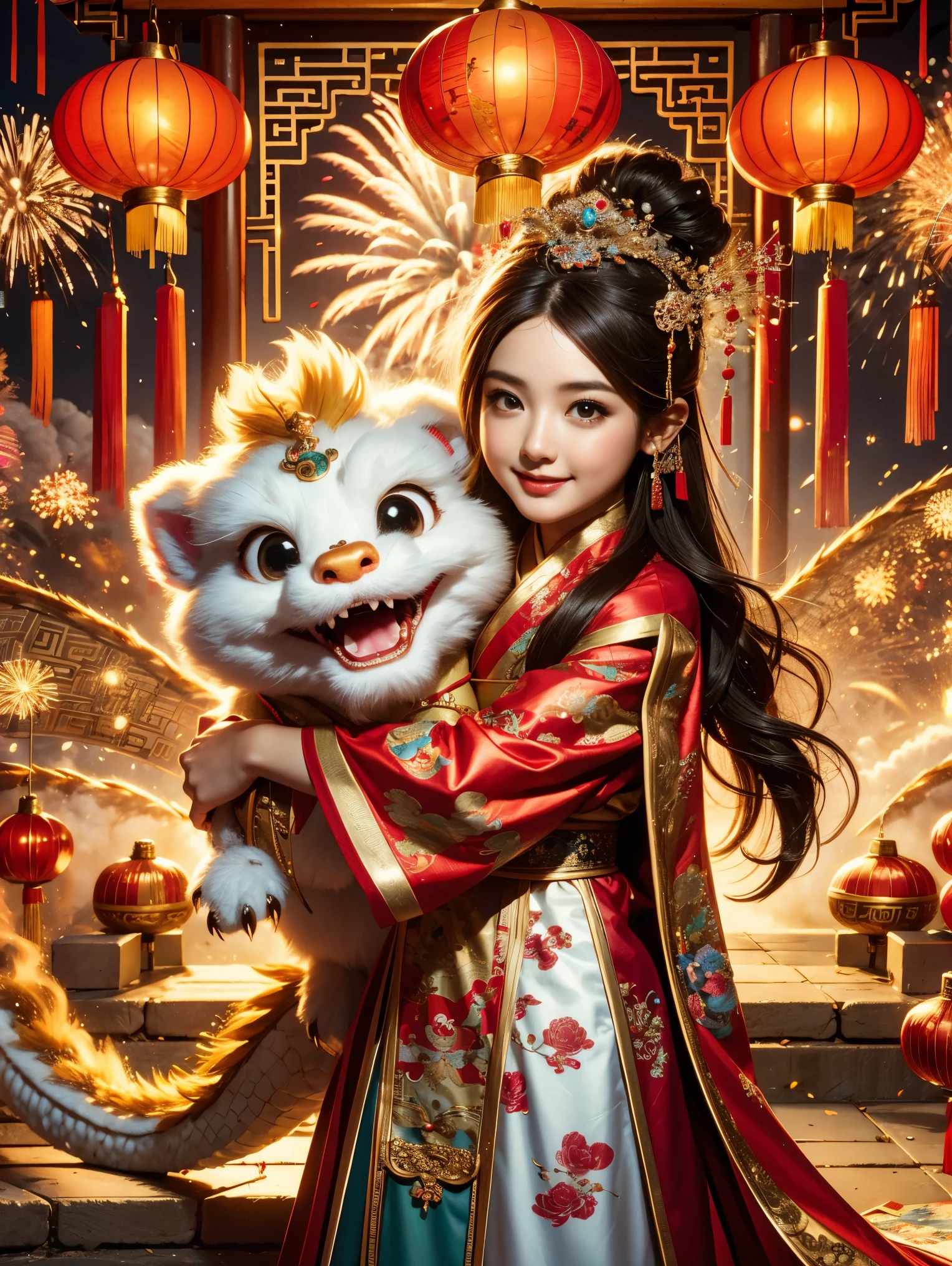 1 girl hugging cute little chinese dragon, ancient chinese little princess, chinese baby dragon, cute, festive, chinese lunar new year, firecrackers, fireworks