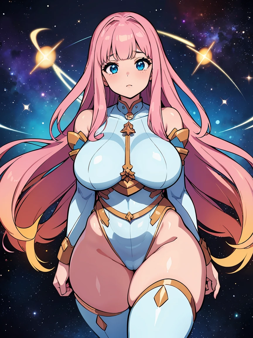 (melhor qualidade, obra-prima), 1Meninas, (corpo BBW), (celestial armor), (cosmic girl), (glowing hair), (space), corada, rechonchuda, Fofa, emphasis on the thighs, Pose sexy, seios grandes,