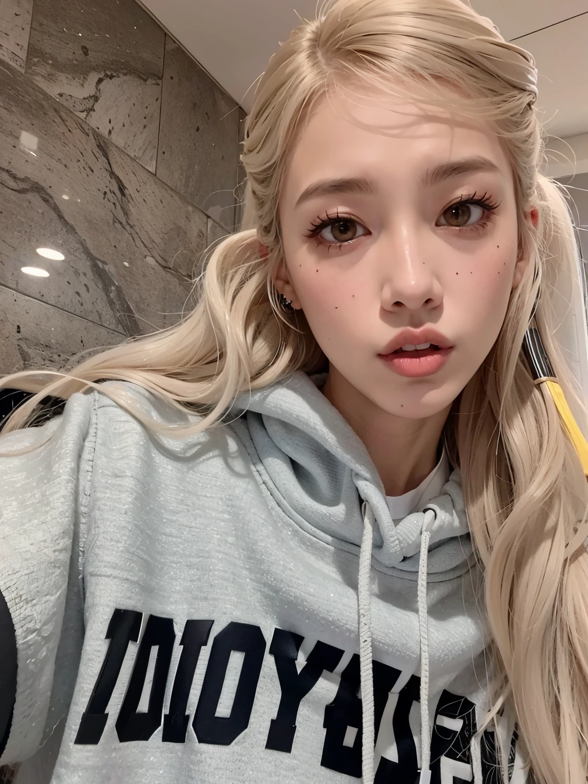 garota loira com cabelos longos e um moletom segurando uma escova de dentes, parque roseanne de blackpink, jossi do blackpink, portrait of jossi do blackpink, jennie blackpink, Lalisa Manobal,  coreana, Lalisa Manoban do Blackpink, korean idol, shikami, Heonhwa Choe, Jinyoung Shin, jaeyeon nam, em um moletom