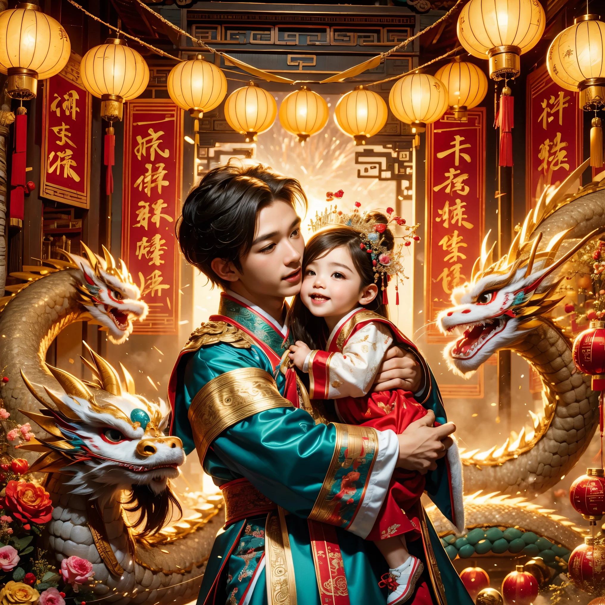 1 girl hugging cute little chinese dragon, ancient chinese little princess, chinese  dragon, cute, festive, chinese lunar new year, firecrackers, fireworks