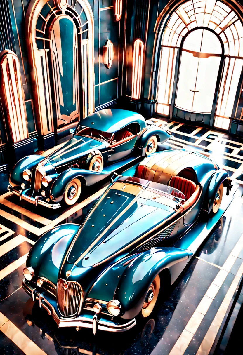 an AI-designed Art Deco-inspired car display. Infuse sleek lines, geometric patterns, and luxurious elements. Incorporate a vintage color palette and sophisticated detailing for a timeless and glamorous automotive aesthetic. detailed matte painting, deep color, fantastical, intricate detail, splash screen, complementary colors, fantasy concept art, 8k resolution trending on Artstation Unreal Engine 5