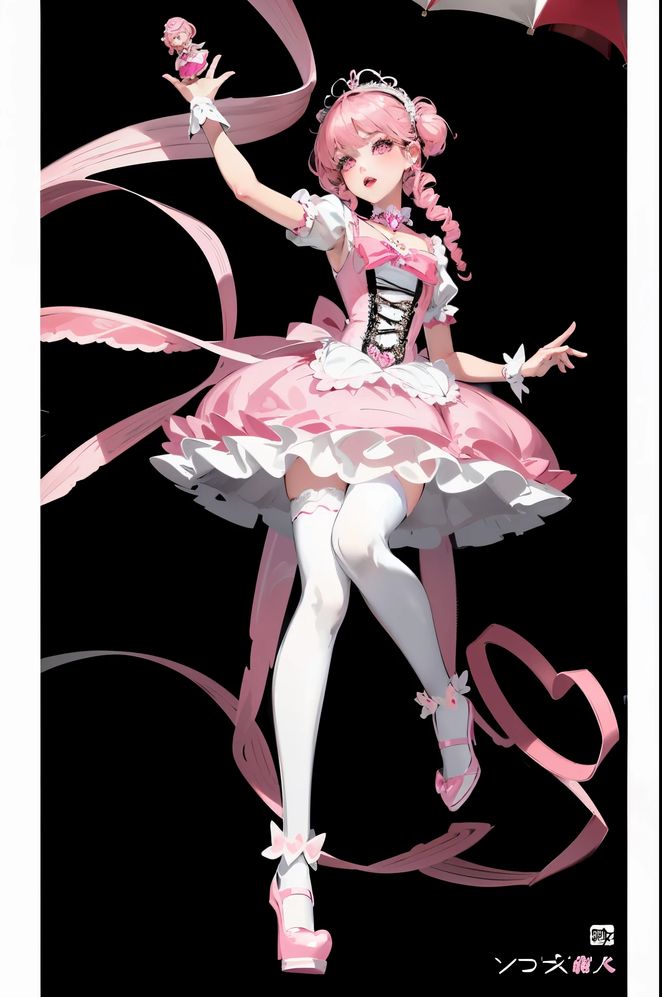 araffe skirted in a pink skirt holding a pink umbrella, anime barbie white stockings, anime barbie doll, magical girl style, in skirt, cat boy role play! maid! skirt, rococo ruffles skirt, Anime Girls Cosplay, ball jointed doll, anime barbie white, high quality clothing, Pink romantic tutu