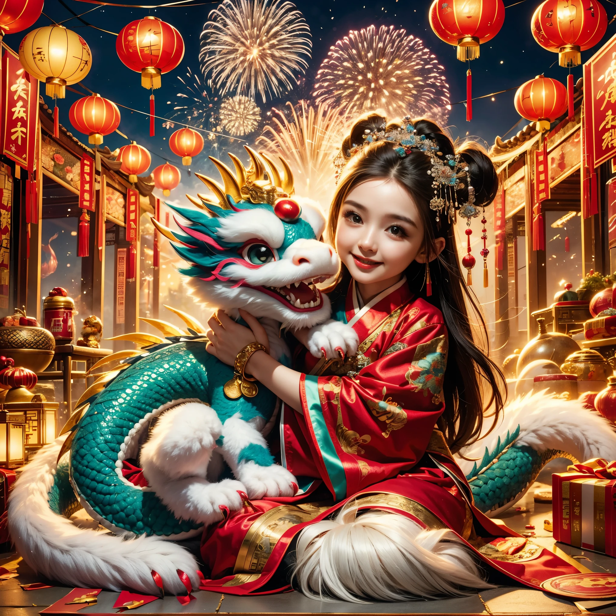 1 girl hugging cute little chinese dragon, ancient chinese little princess, chinese baby dragon, cute, festive, chinese lunar new year, firecrackers, fireworks