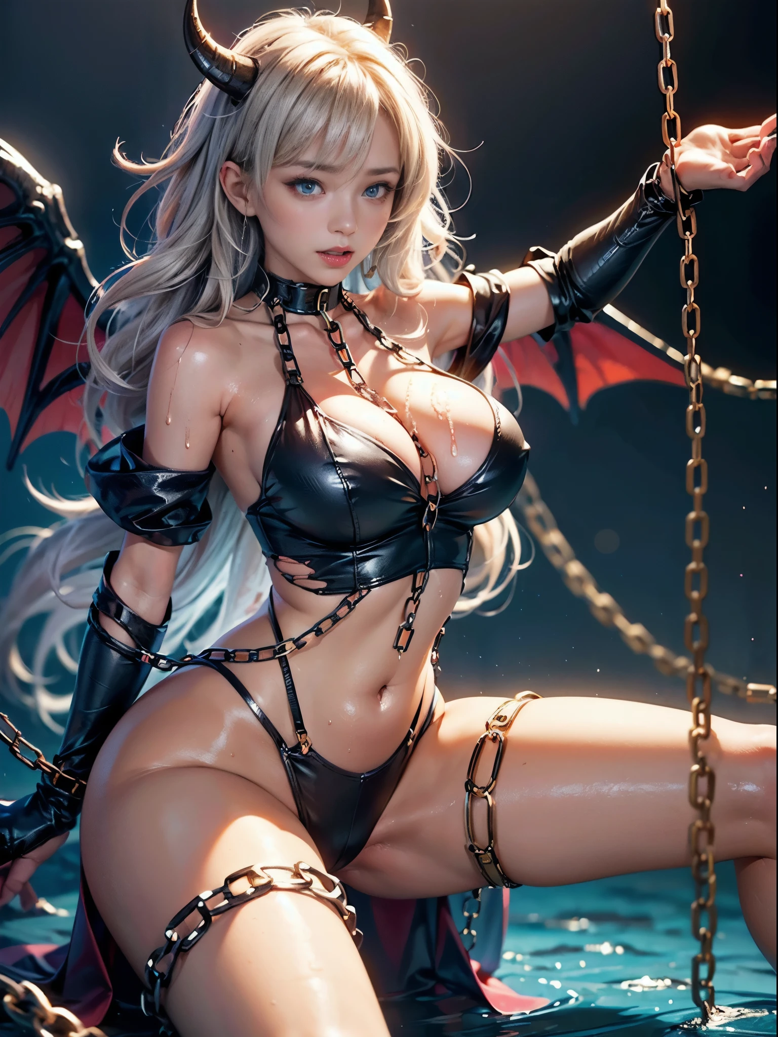 (RAW shooting:1.5, realistic:1.5, fractal art:1.5, 8K), (highest quality, masterpiece, ultra high resolution), Underground prisons, ((perfect dynamic composition:1.7)), Highly detailed skin and facial textures:1.3, Detail of limbs, 1 girl, (Cute sexy succubus demon with big wings:1.3, Wearing detailed body jewelry:1.3), prisoner of war, slave, Horn, Fair skin, open your legs, (Correctly wear heavily torn clothes off-shoulder:1.3), Huge breasts that are about to explode, Do not show areola, big chest gap, (The expression on your face when you feel intense caress, Facial expression when feeling pleasure, A look drowning in pleasure, Are crying), beautiful blue eyes, Eyes that feel beautiful eros, sexy face, blush, (Too erotic and cute:0.9, Bewitching:0.9), ((torture:1.5, Raise your arms upwards:1.2, Lots of chains:1.8, countless chains that invade:1.8, chain one's right arm:1.2, chain the left arm:1.2, chain the right leg:1.2, chain the left leg:1.2)), (((An incomprehensible amount of liquid flows throughout the body:1.5))), super long blonde curly hair, View from the knee up
