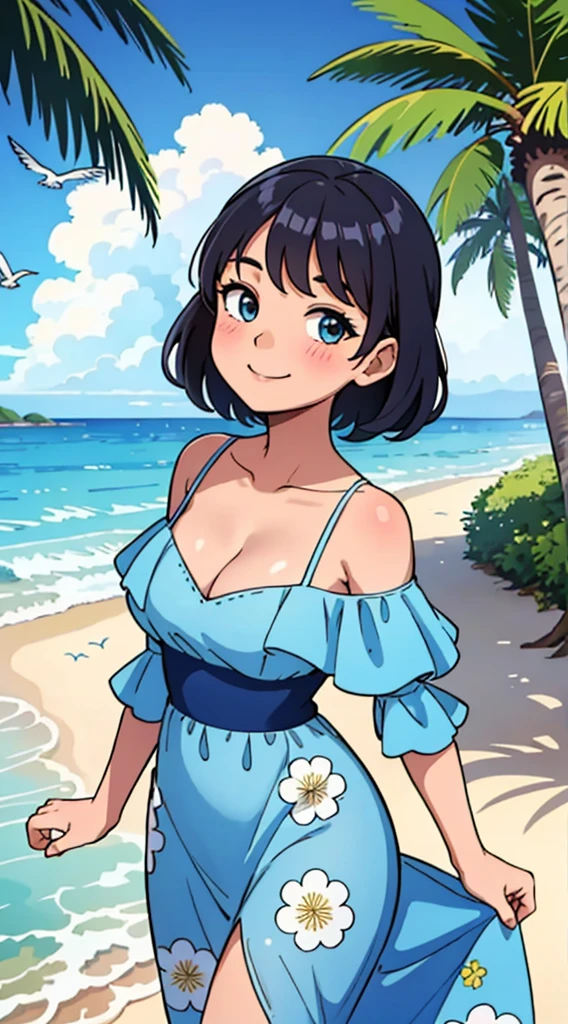 (Best quality, Masterpiece), 1girll, 10years old, Amazing, adolable, A heartwarming smile, Hourglass figure, Wear floral dresses, the sea,sandbeach,the trees,blue-sky,baiyun,seagulls,cleavage,Off-the-shoulder attire,Raised sexy,Close-up shot