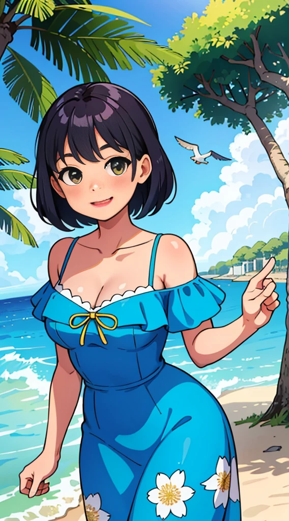 (Best quality, Masterpiece),  1girll, 10years old, Amazing, adolable, A heartwarming smile, Hourglass figure, Wear floral dresses, the sea，sandbeach，the trees，blue-sky，baiyun，seagulls，cleavage，Off-the-shoulder attire，Raised sexy，Close-up shot