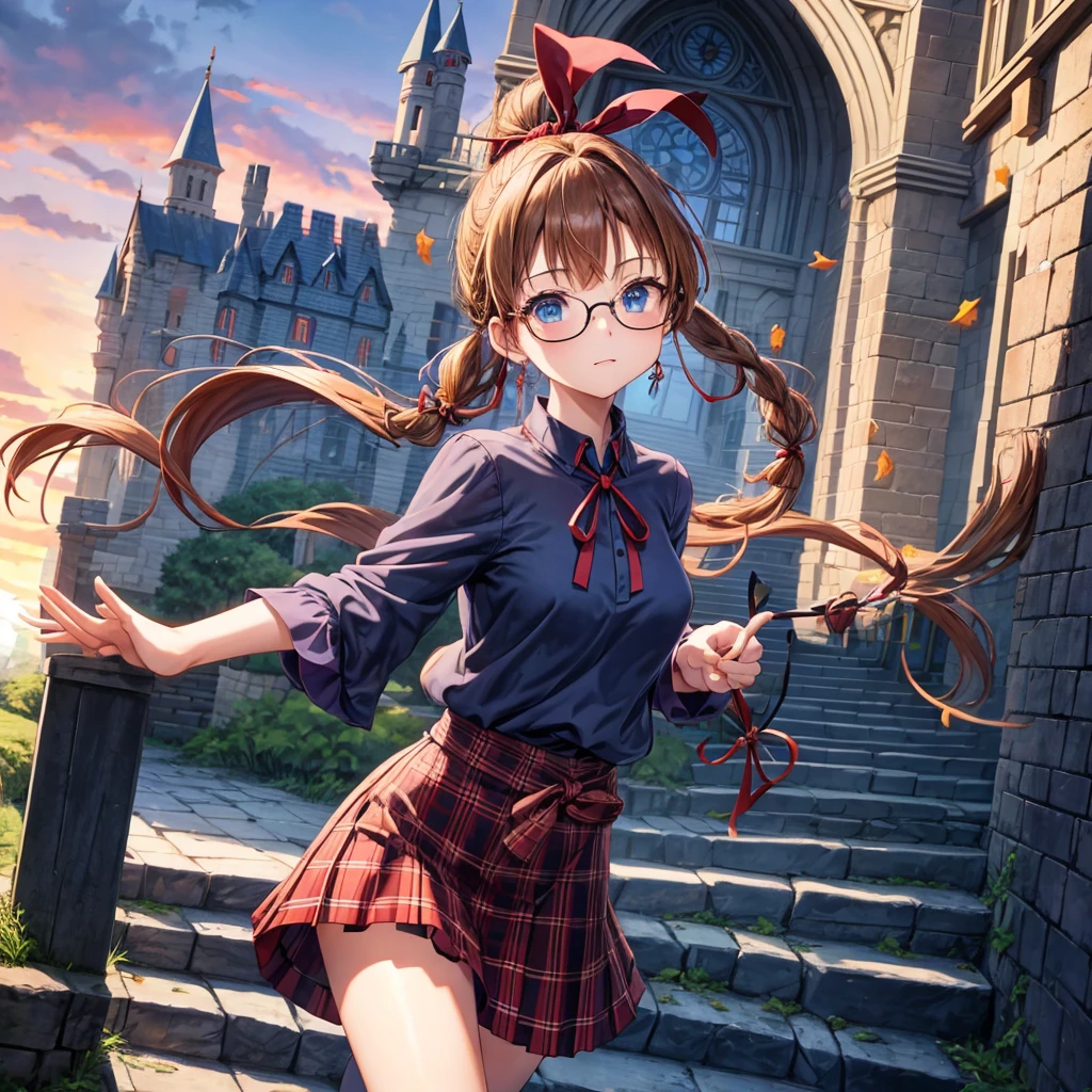 reddish-brown blonde、blue hair、blue eyes、ponytail、Braid、one good looking girl、solo、anime、Plaid miniskirt、camisole、black t-shirt、Tilting your face、Doing the ribbon、Ribbon at waist、sunset sky、stone stairs、tunnel、Fallen leaves、wearing glasses、Light and shadow、maze、monster castle、lanthanum、corridor、One leg is raised、pinwheel、castle floating in the air、7 cylinders、Jewelry box、flag