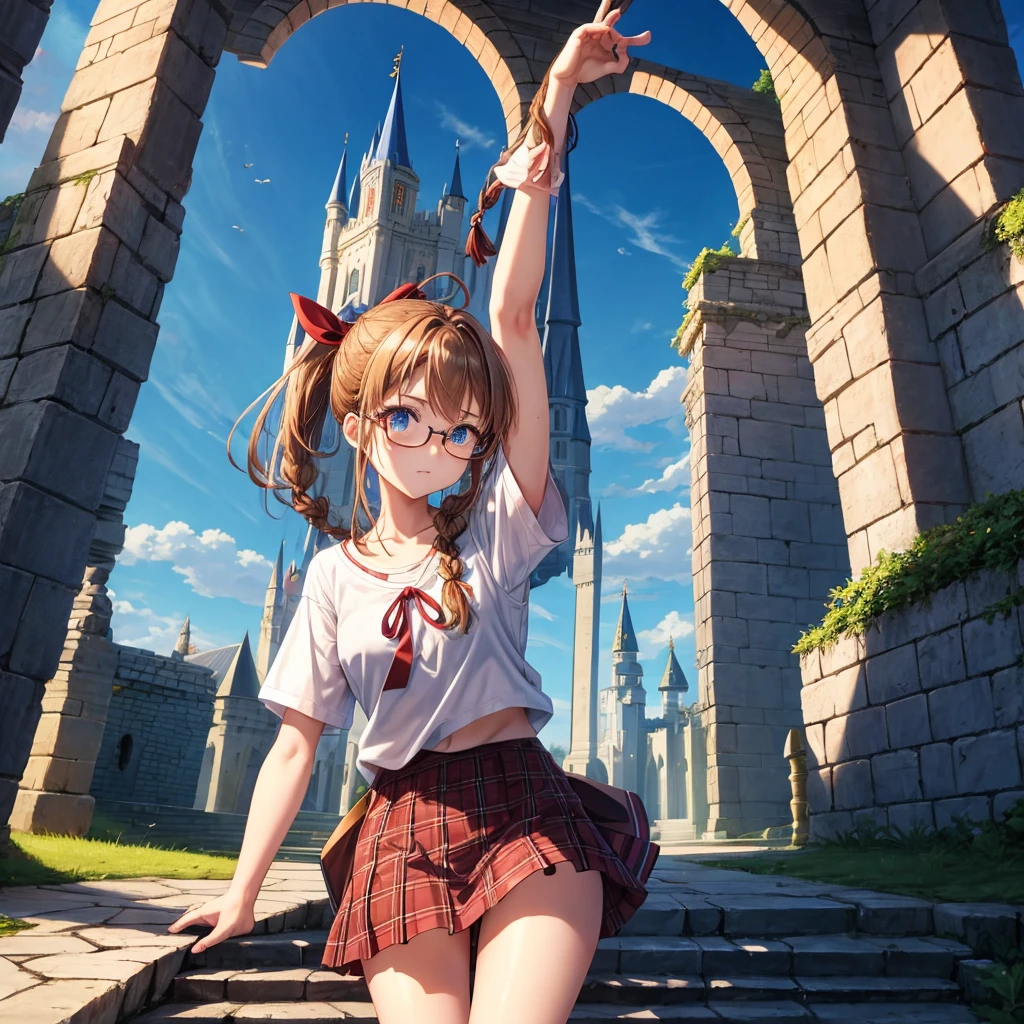 reddish-brown blonde、blue hair、blue eyes、ponytail、Braid、one good looking girl、solo、anime、Plaid miniskirt、camisole、black t-shirt、Tilting your face、Doing the ribbon、Ribbon at waist、sunset sky、stone stairs、tunnel、Fallen leaves、wearing glasses、Light and shadow、maze、monster castle、lanthanum、corridor、One leg is raised、pinwheel、castle floating in the air、7 cylinders、Jewelry box、flag